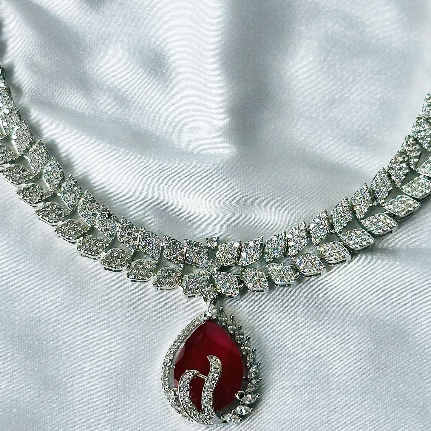 Red Ruby Cubic Zircon Stone American Diamond Silver Plated Necklace Set