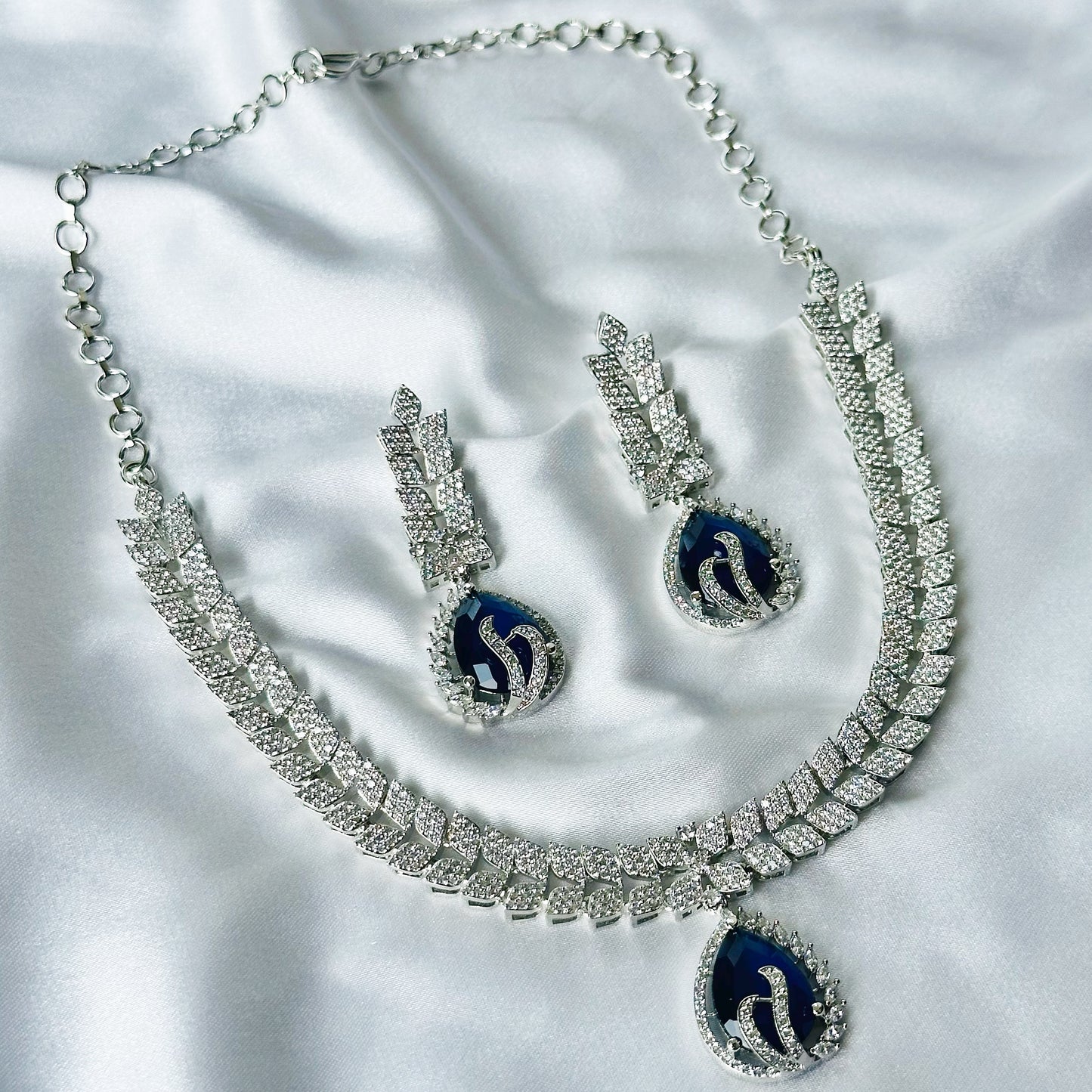 Blue Sapphire Cubic Zircon Stone American Diamond Silver Plated Necklace Set