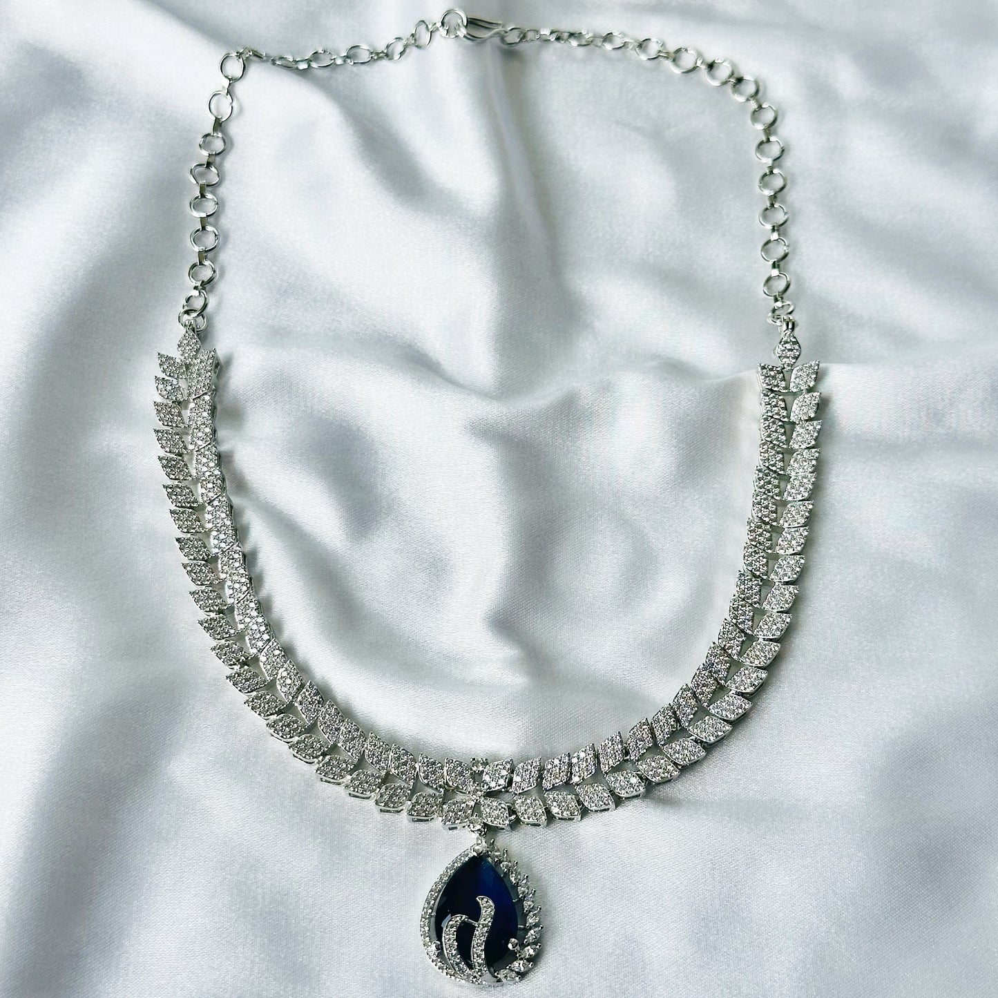 Blue Sapphire Cubic Zircon Stone American Diamond Silver Plated Necklace Set