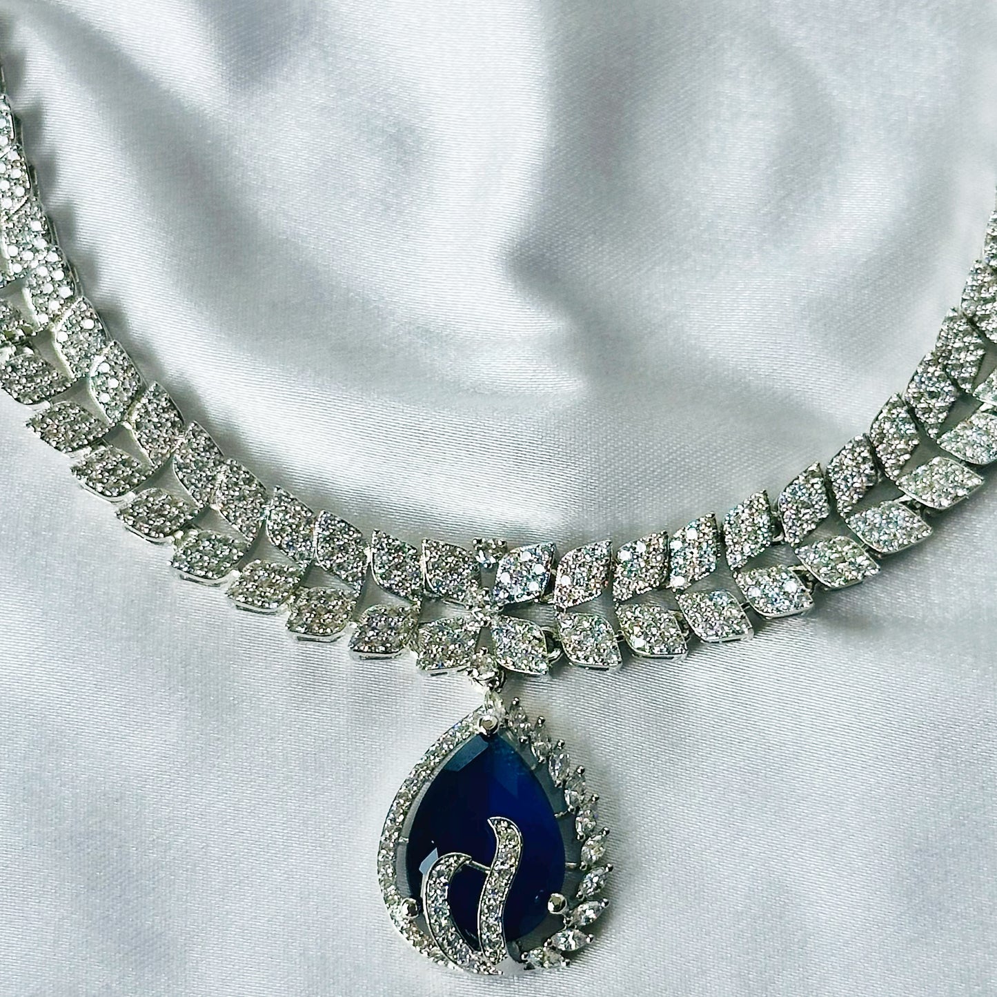 Blue Sapphire Cubic Zircon Stone American Diamond Silver Plated Necklace Set