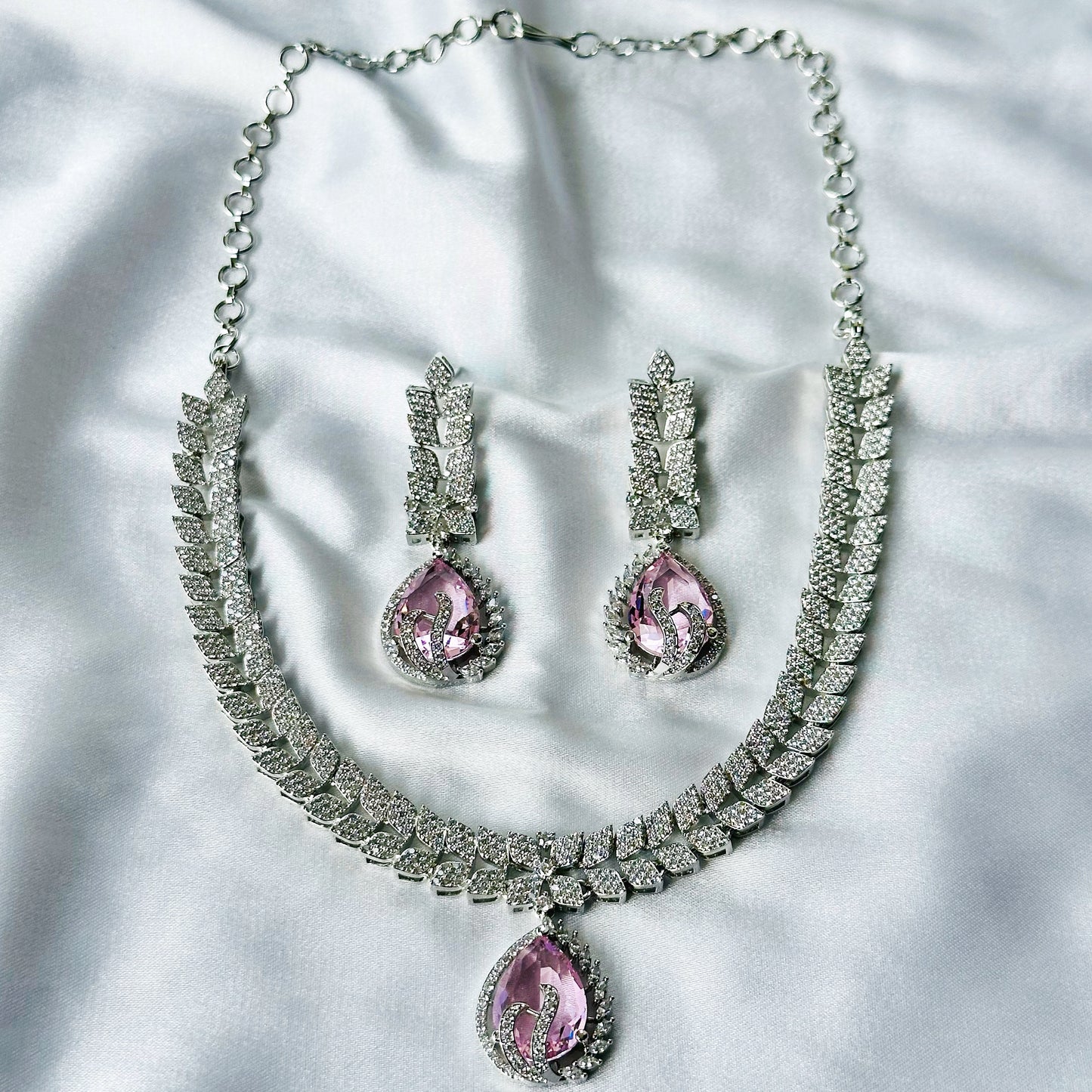 Pink Topaz Cubic Zircon Stones American Diamond Silver Plated Necklace Set
