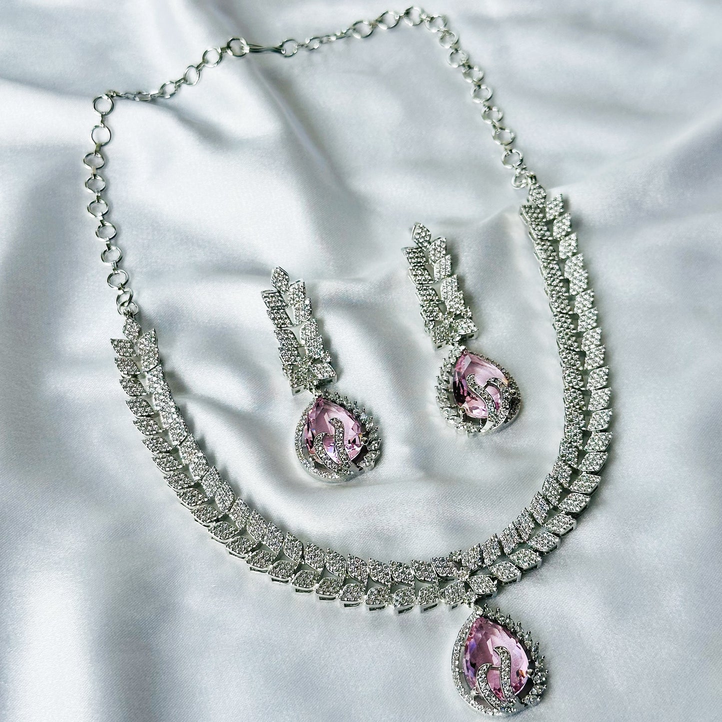 Pink Topaz Cubic Zircon Stones American Diamond Silver Plated Necklace Set