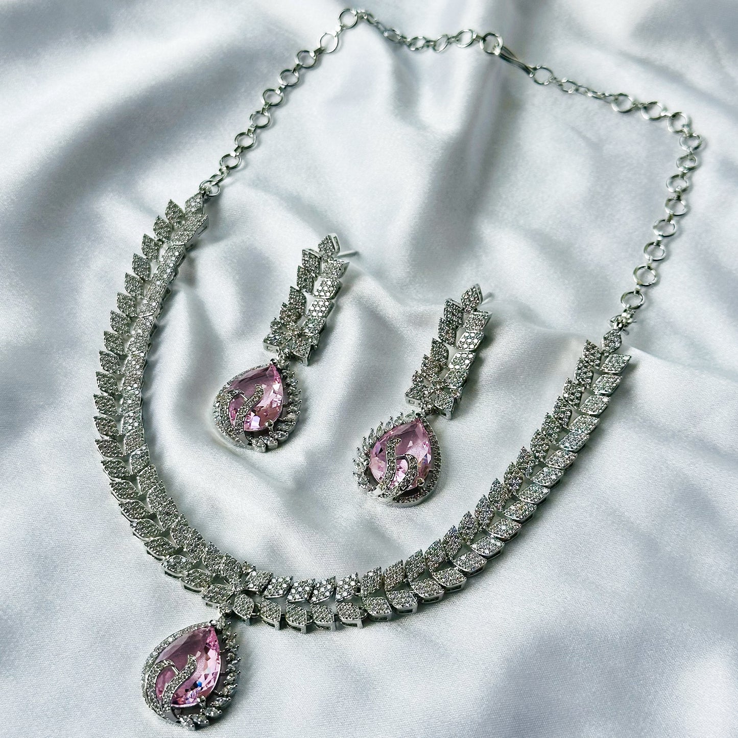 Pink Topaz Cubic Zircon Stones American Diamond Silver Plated Necklace Set