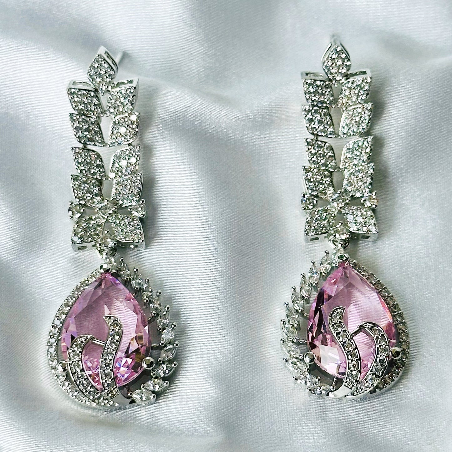 Pink Topaz Cubic Zircon Stones American Diamond Silver Plated Necklace Set