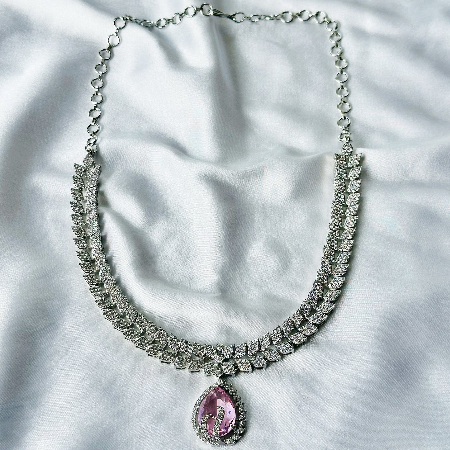 Pink Topaz Cubic Zircon Stones American Diamond Silver Plated Necklace Set
