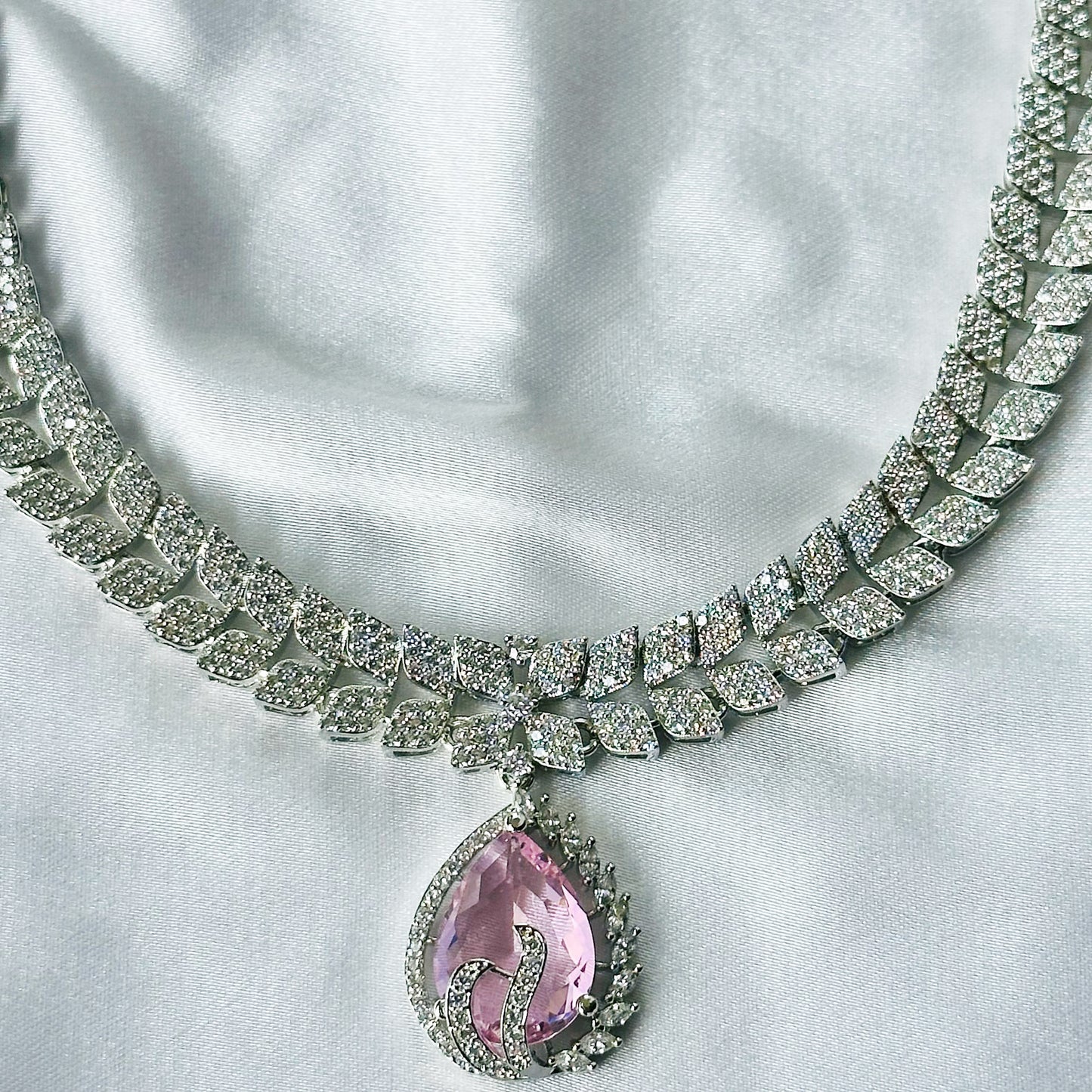 Pink Topaz Cubic Zircon Stones American Diamond Silver Plated Necklace Set