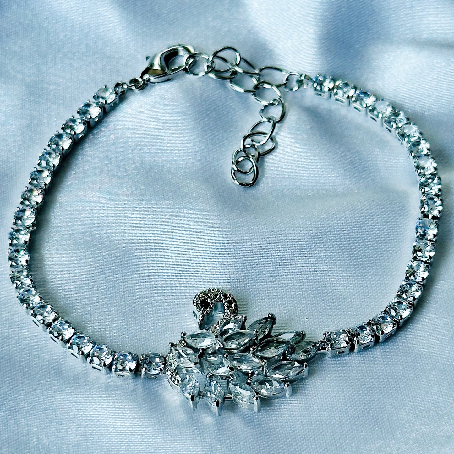 Crystal Swan Design American Diamond Silver Plated Chain Bracelet