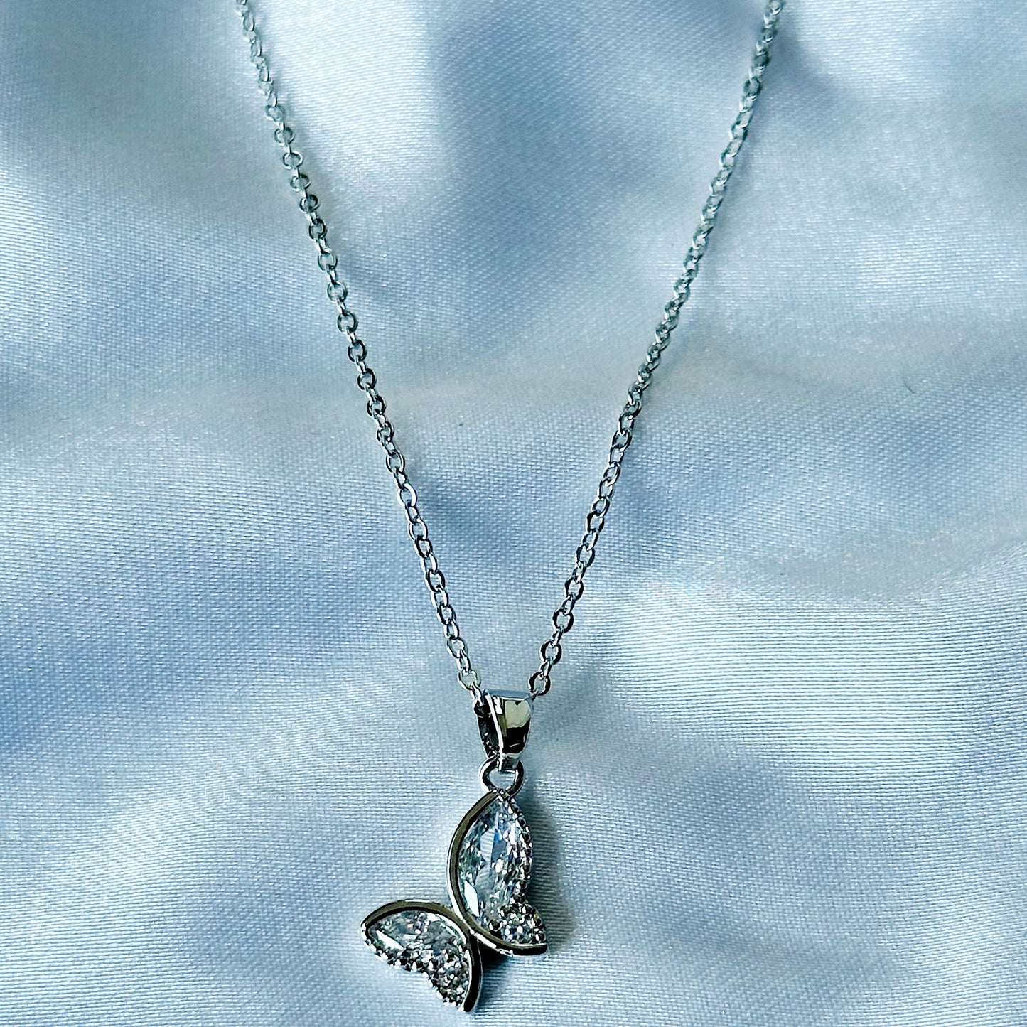 Butterfly Design American Diamond Silver Plated Stainless Steel Necklace
