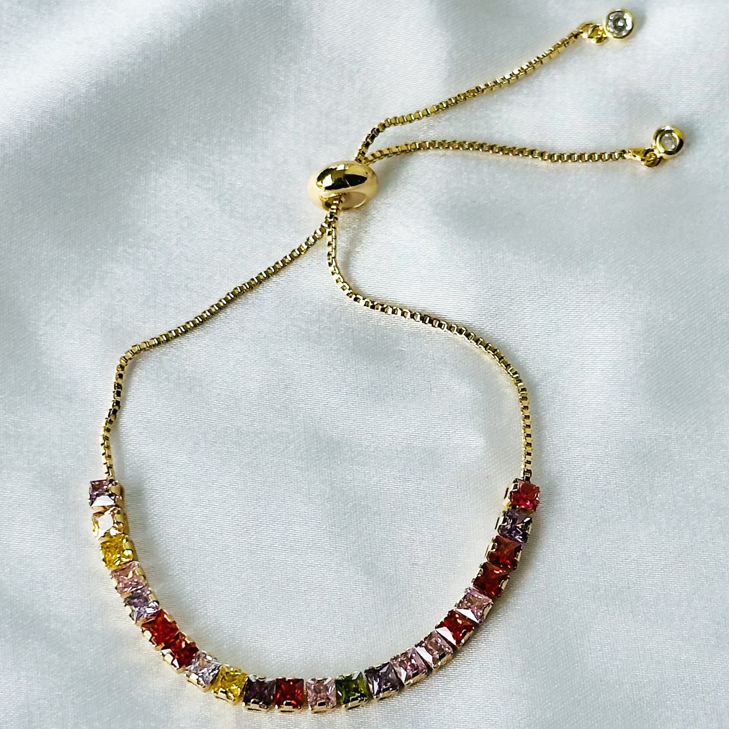 Multi Color Cubic Zircon American Diamond Gold Plated Tennis Adjustable Chain Bracelet
