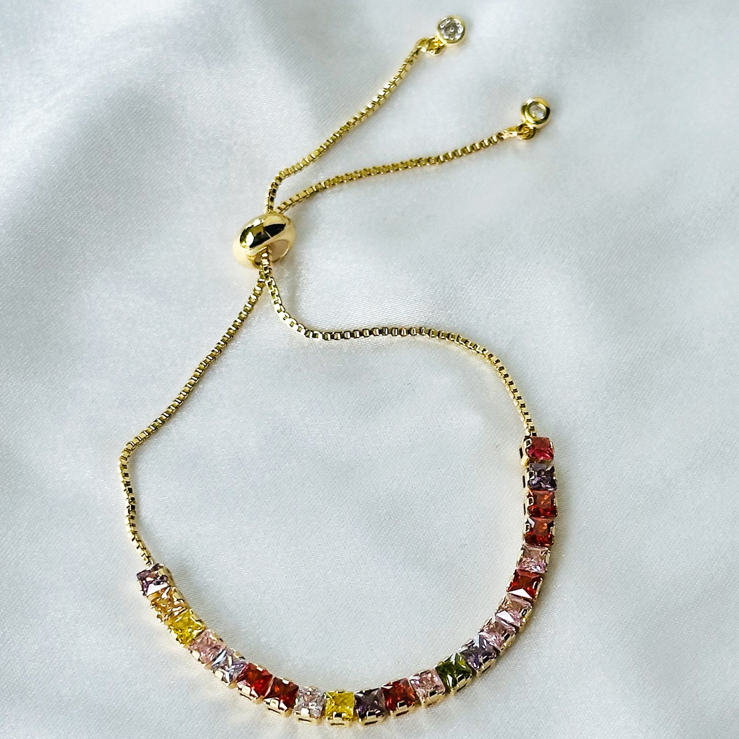 Multi Color Cubic Zircon American Diamond Gold Plated Tennis Adjustable Chain Bracelet