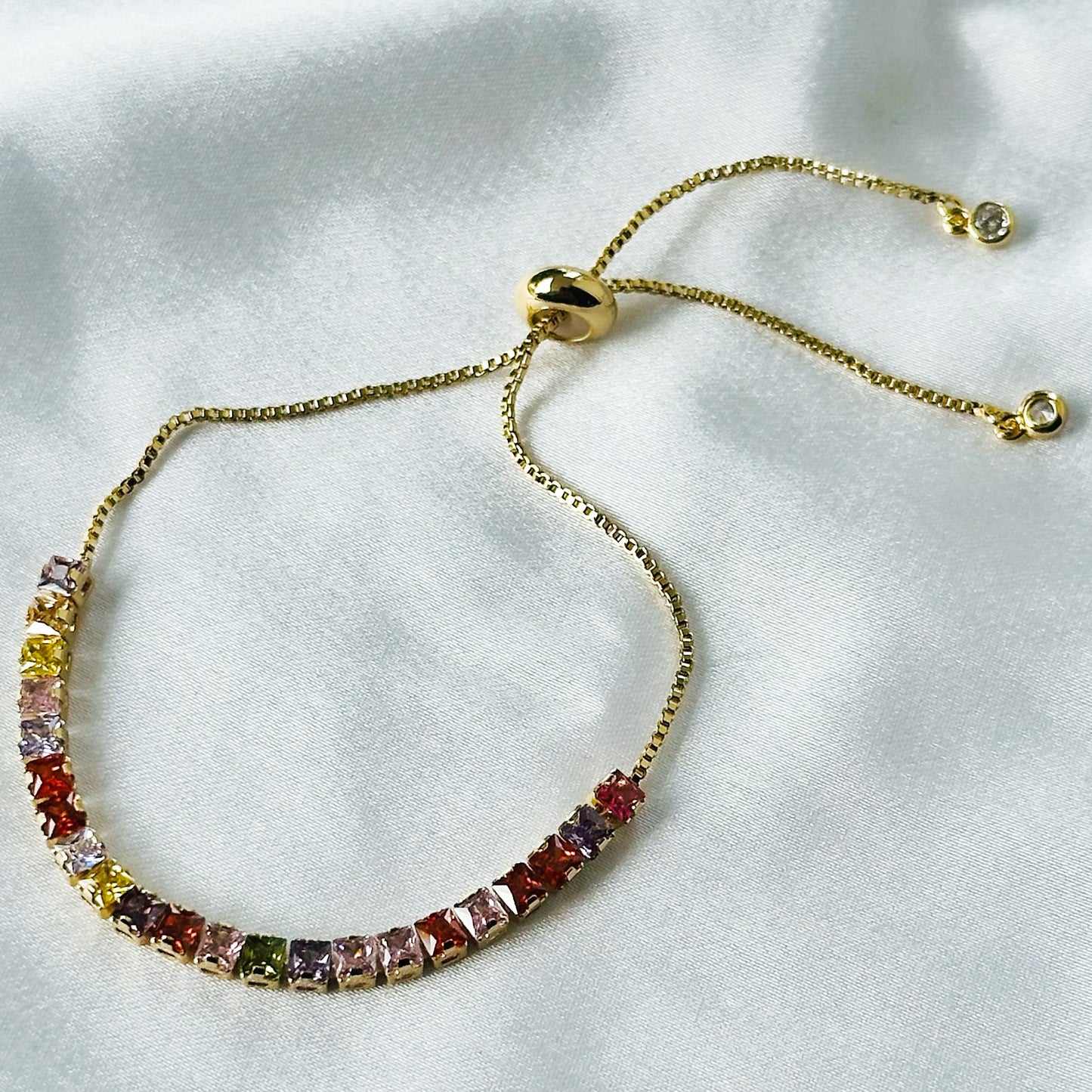 Multi Color Cubic Zircon American Diamond Gold Plated Tennis Adjustable Chain Bracelet