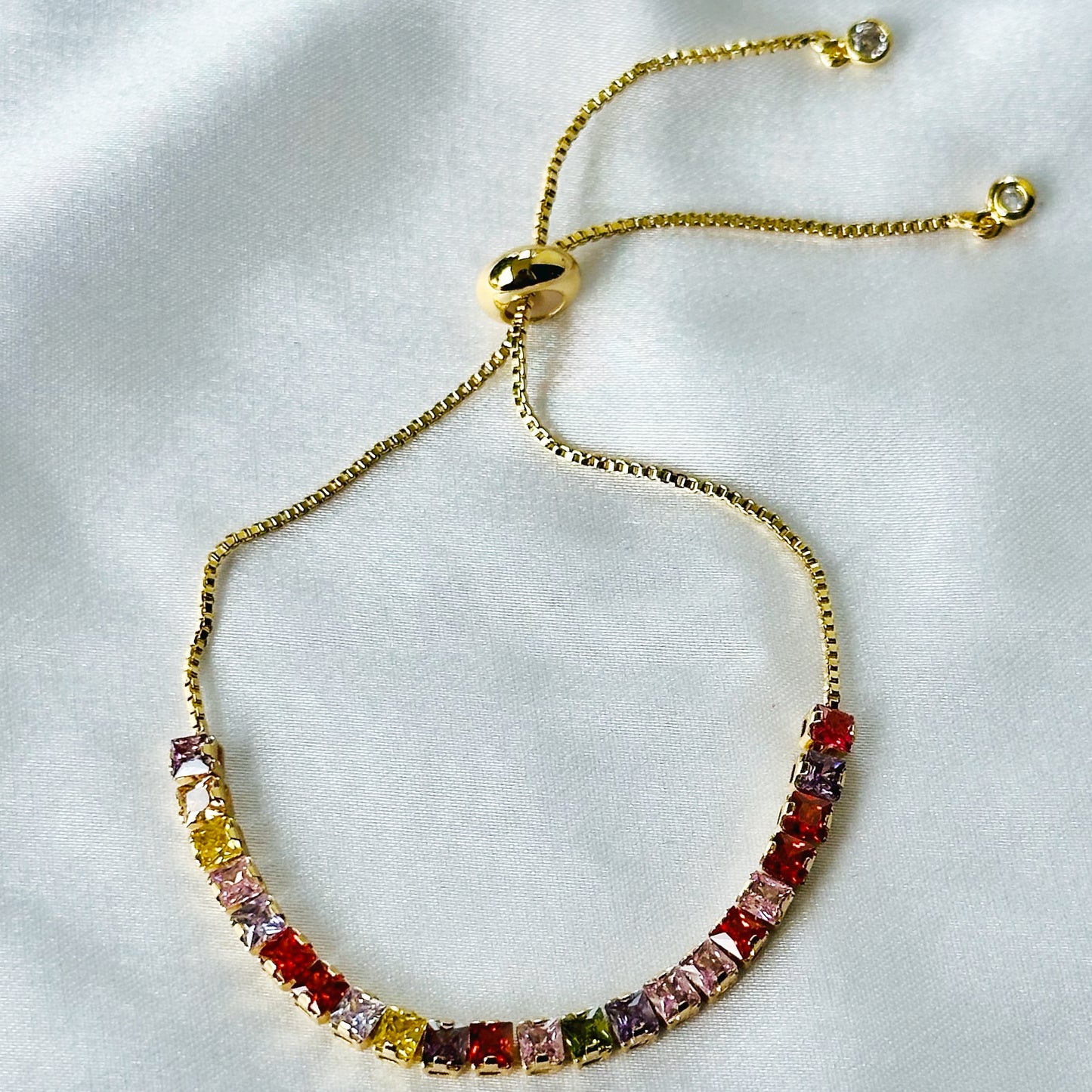 Multi Color Cubic Zircon American Diamond Gold Plated Tennis Adjustable Chain Bracelet