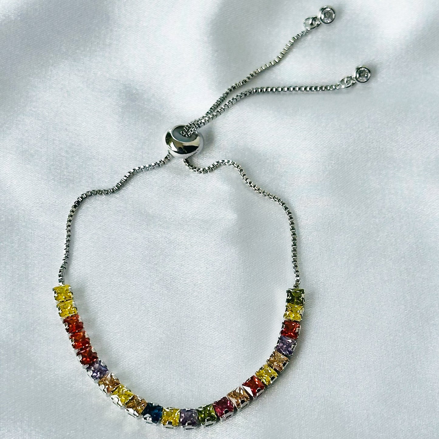 Multi Color Cubic Zircon American Diamond Silver Plated Tennis Adjustable Chain Bracelet