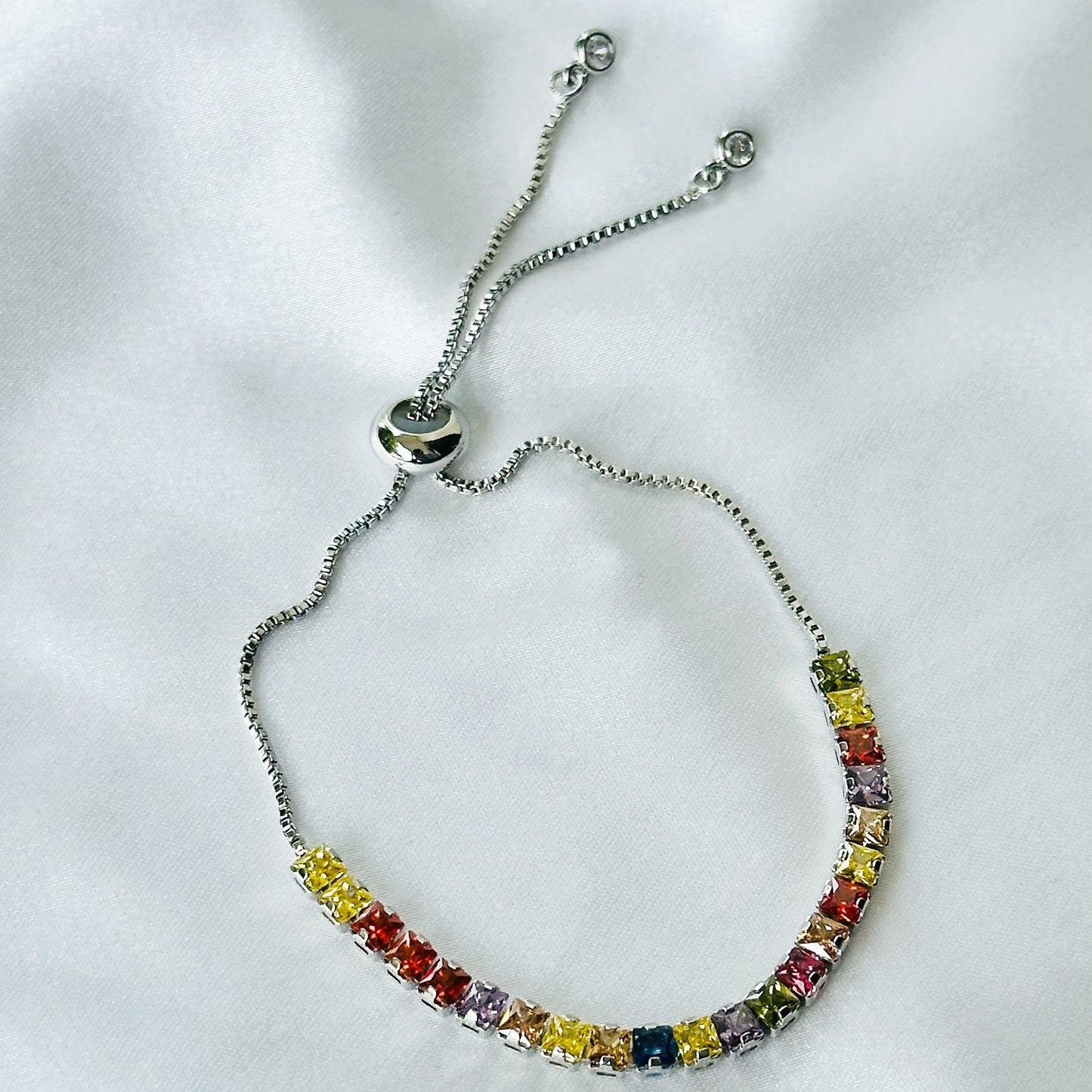 Multi Color Cubic Zircon American Diamond Silver Plated Tennis Adjustable Chain Bracelet