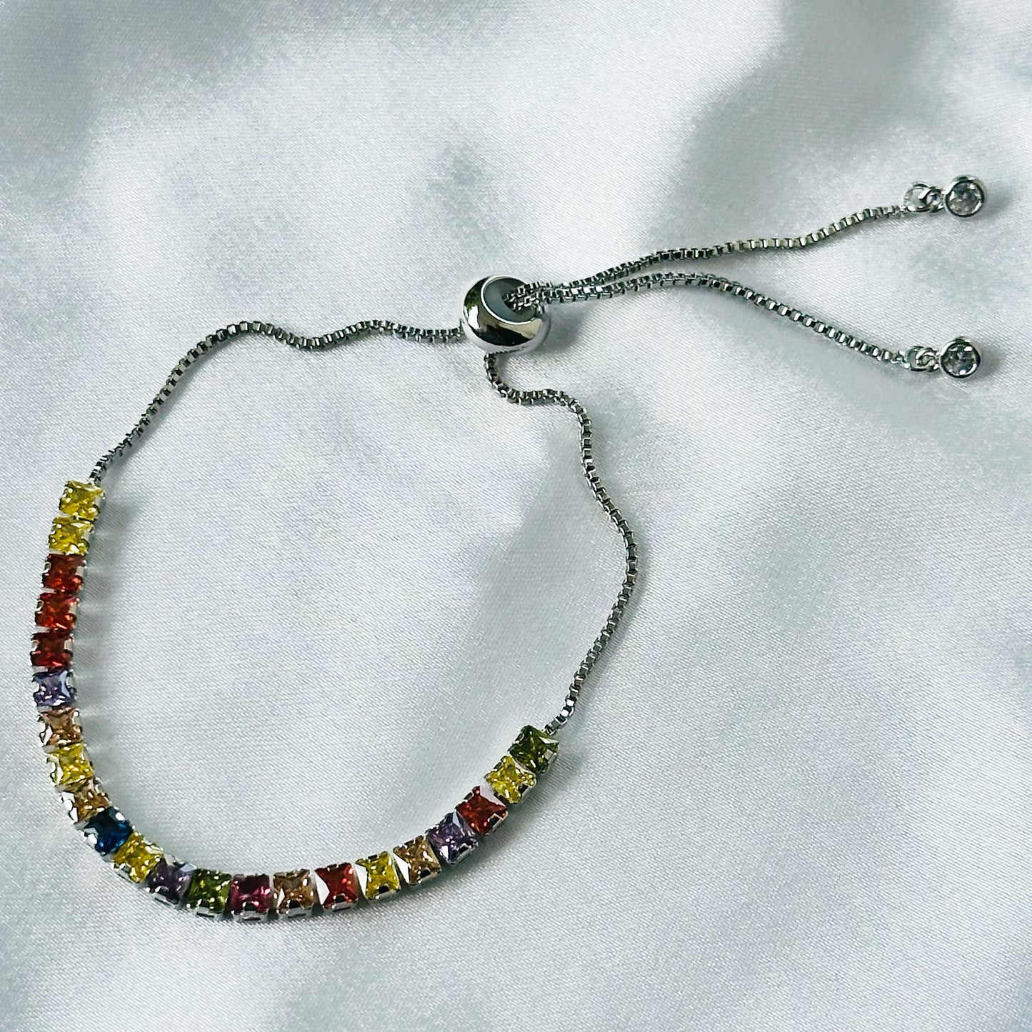 Multi Color Cubic Zircon American Diamond Silver Plated Tennis Adjustable Chain Bracelet