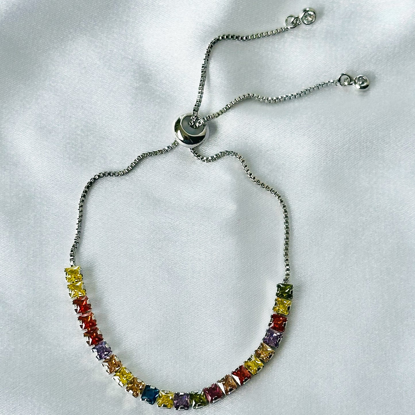 Multi Color Cubic Zircon American Diamond Silver Plated Tennis Adjustable Chain Bracelet