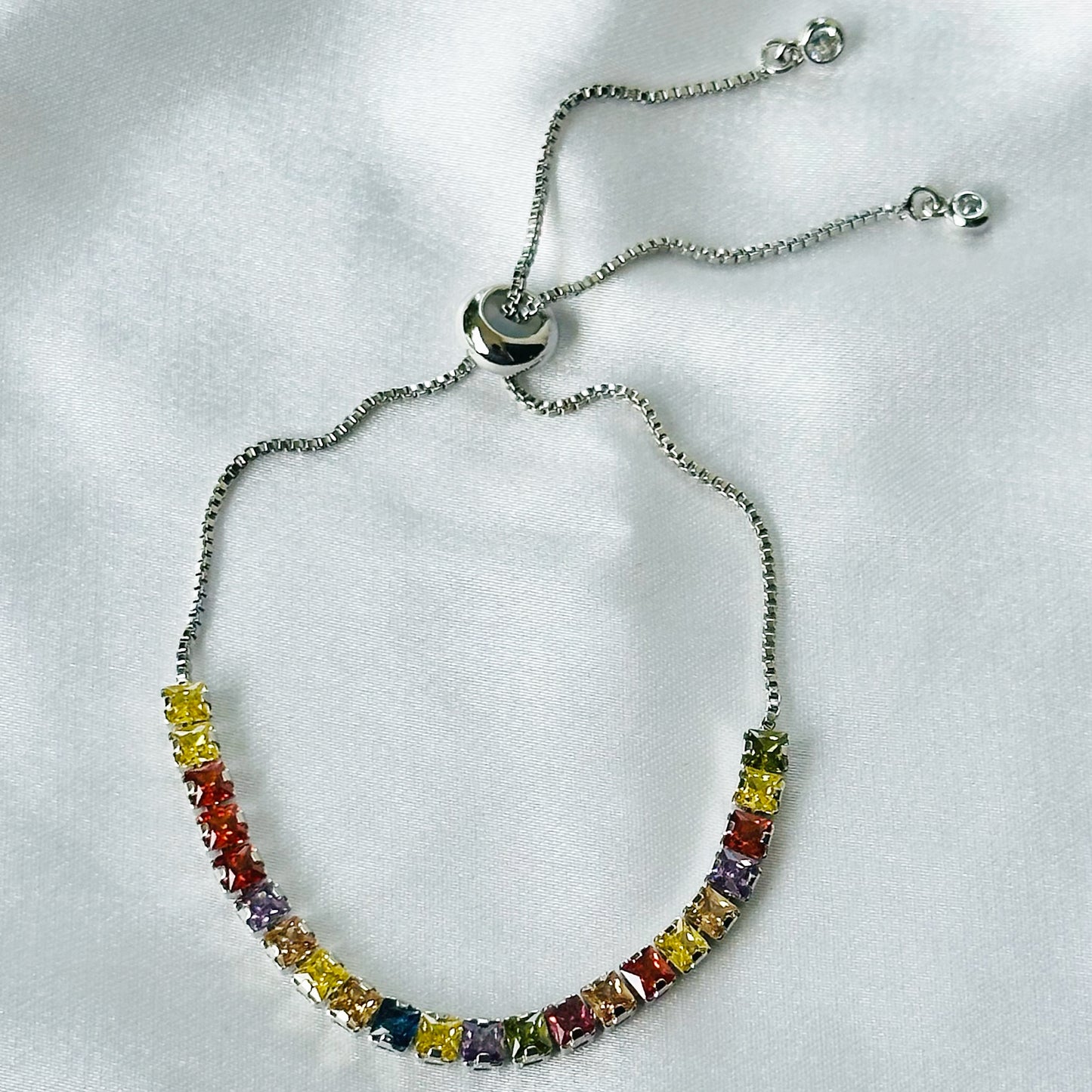 Multi Color Cubic Zircon American Diamond Silver Plated Tennis Adjustable Chain Bracelet