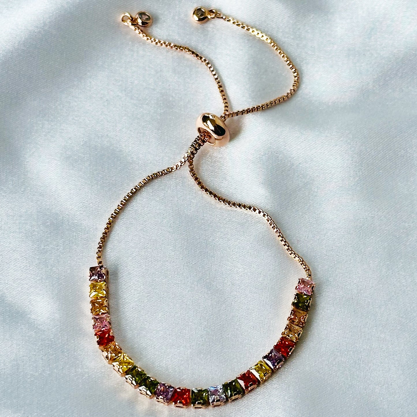Multi Color Cubic Zircon American Diamond Rose Gold Plated Tennis Adjustable Chain Bracelet
