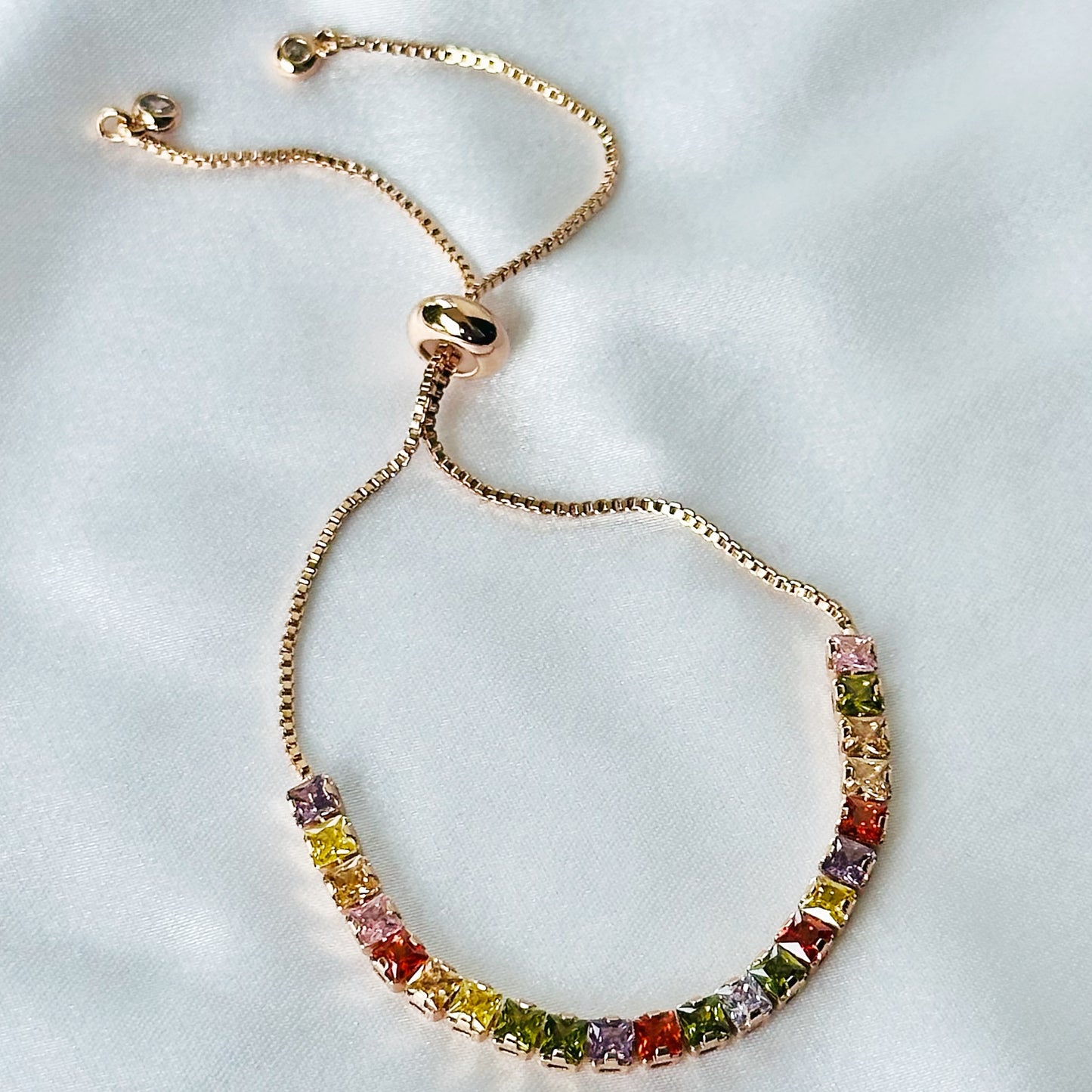 Multi Color Cubic Zircon American Diamond Rose Gold Plated Tennis Adjustable Chain Bracelet
