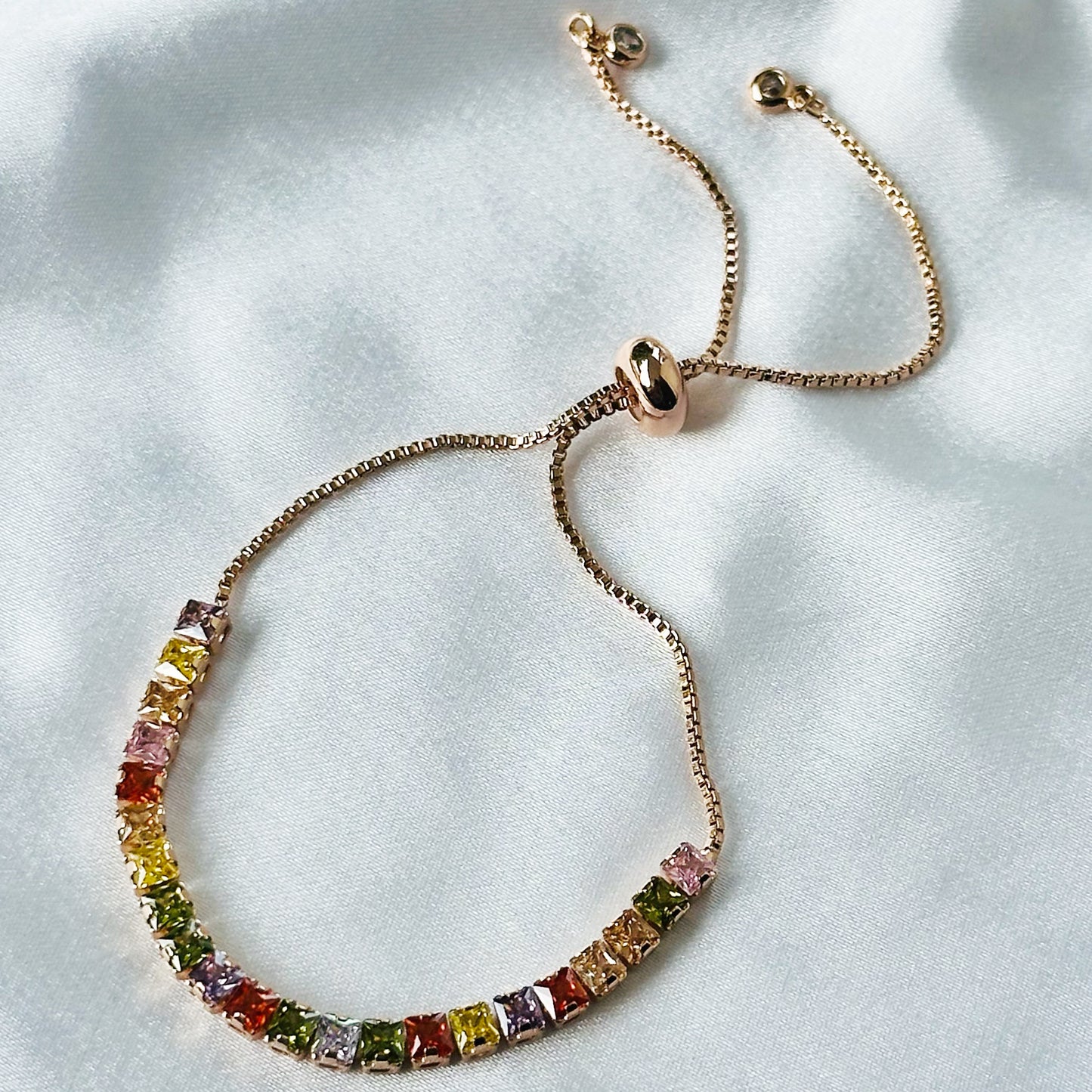 Multi Color Cubic Zircon American Diamond Rose Gold Plated Tennis Adjustable Chain Bracelet