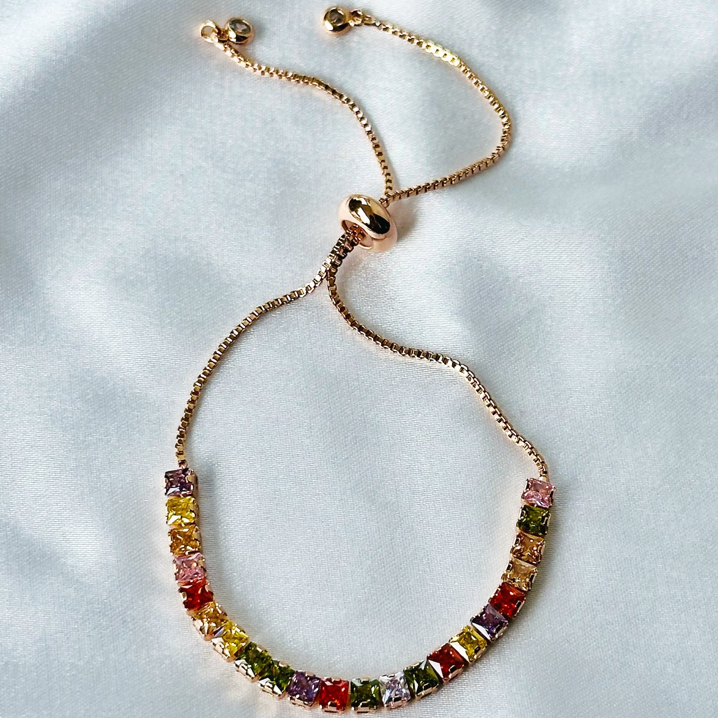 Multi Color Cubic Zircon American Diamond Rose Gold Plated Tennis Adjustable Chain Bracelet