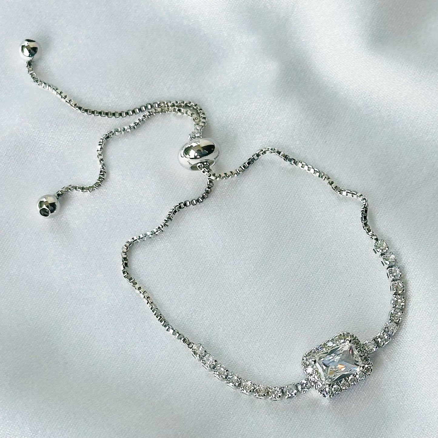 American Diamond Silver Plated Tennis Adjustable Chain Bracelet