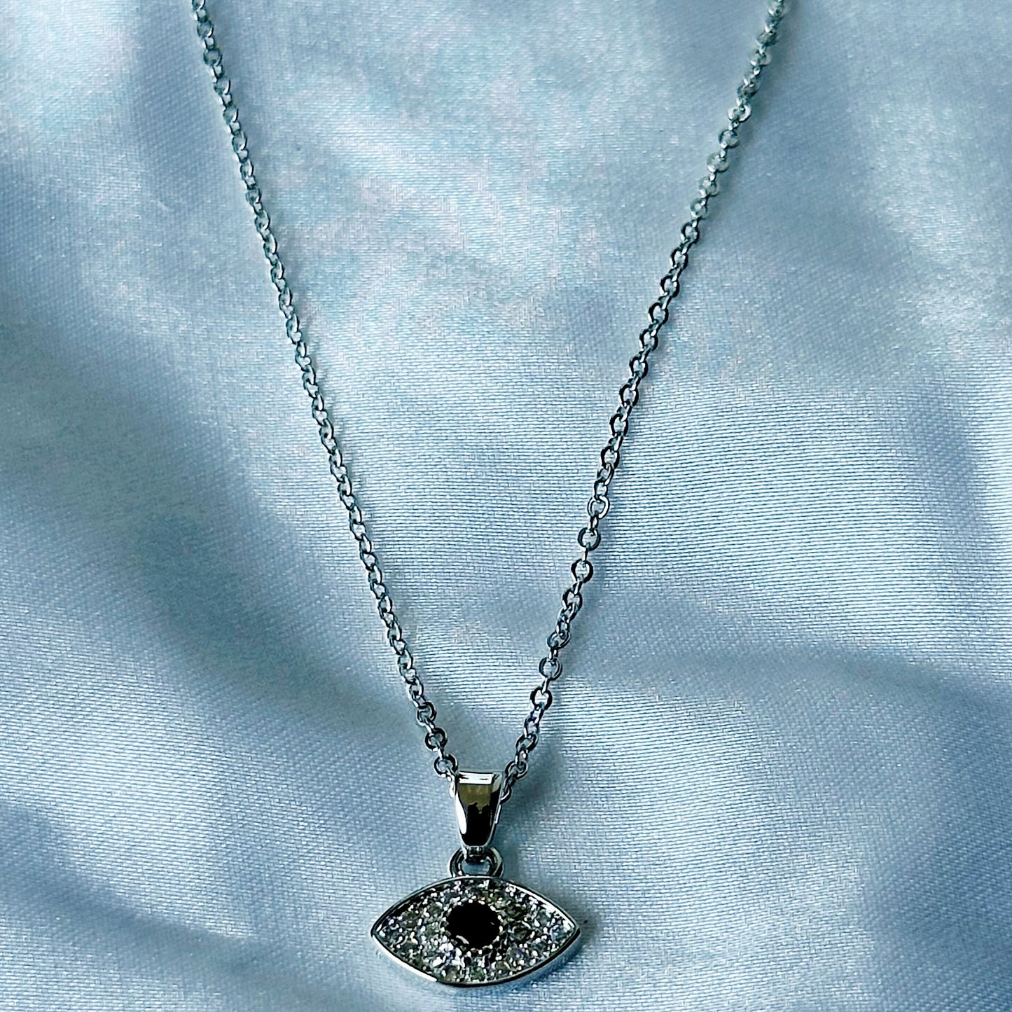 Evil Eye Design American Diamond Silver Plated Stainless Steel Necklace