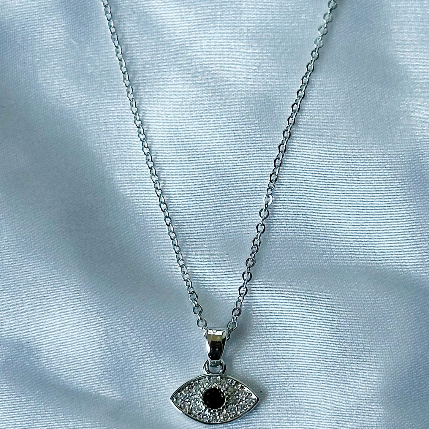 Evil Eye Design American Diamond Silver Plated Stainless Steel Necklace