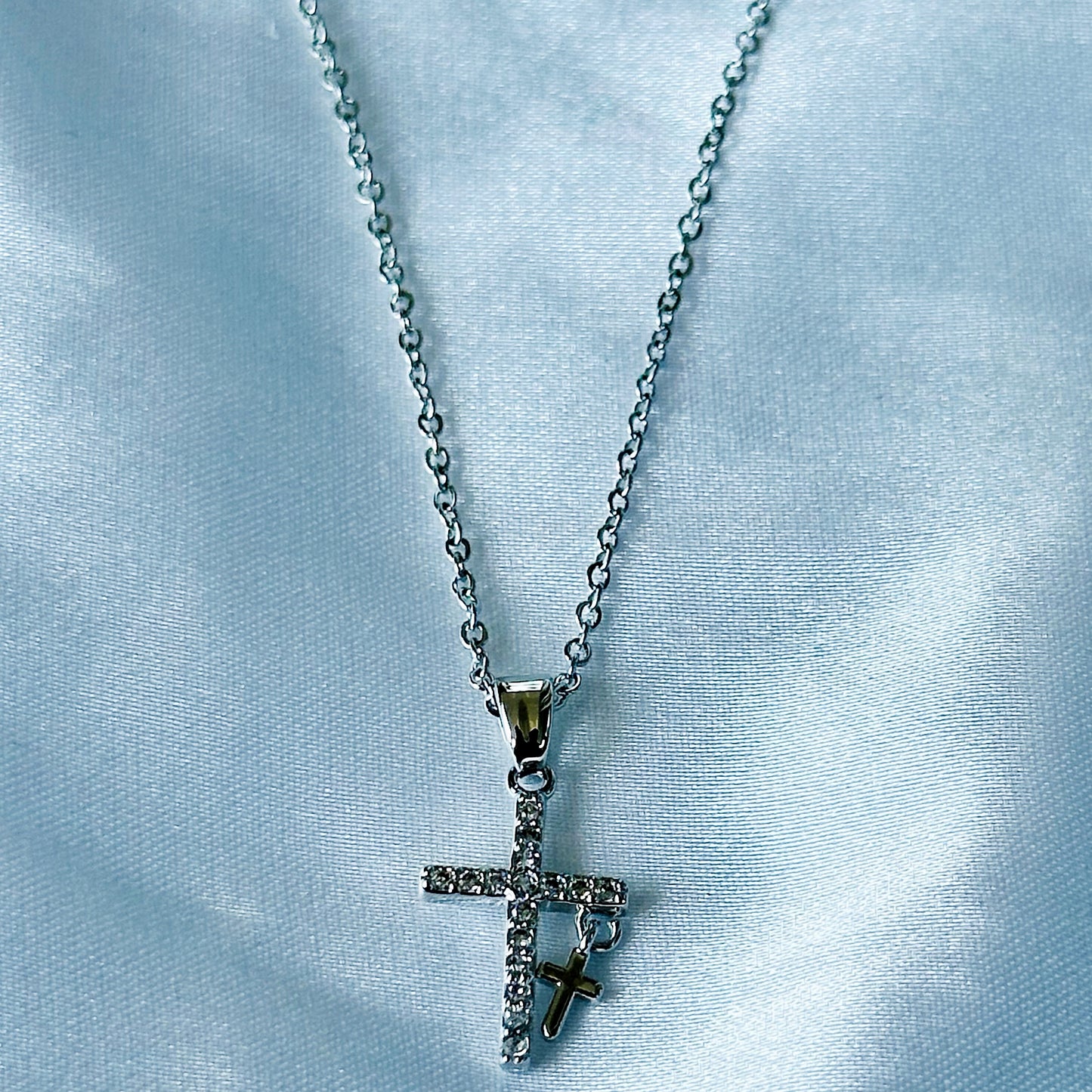 Cross Design American Diamond Silver Plated Stainless Steel Necklace