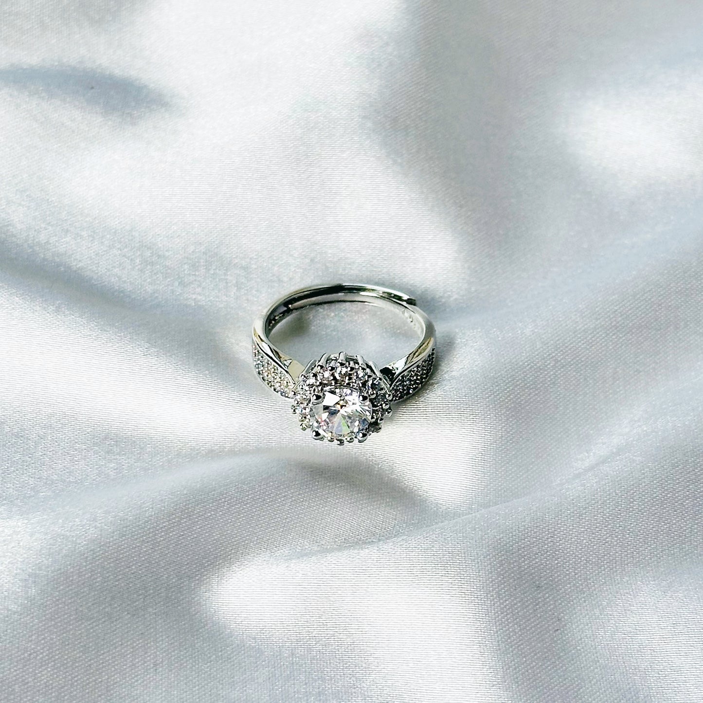 Solitaire Cubic Zircon American Diamond Silver Plated Adjustable Ring