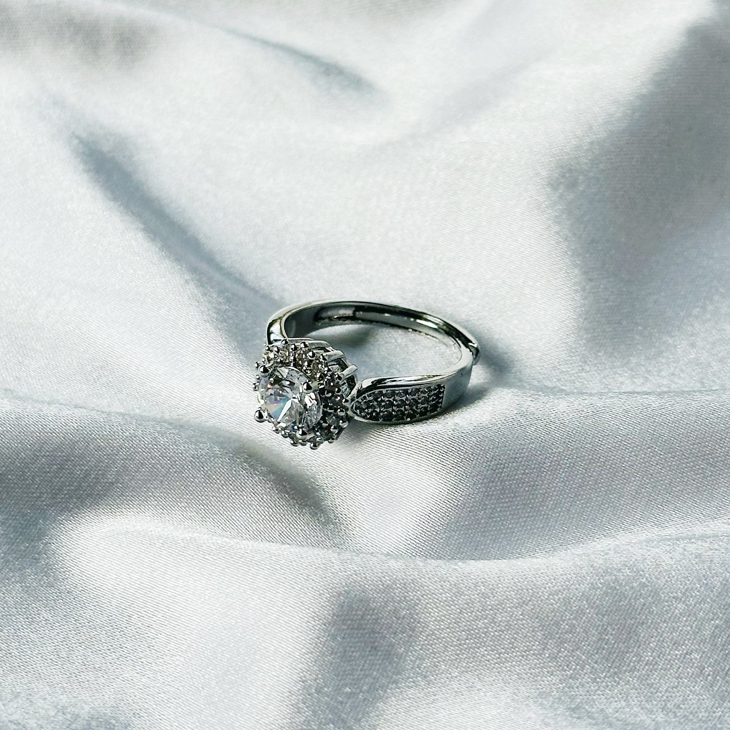 Solitaire Cubic Zircon American Diamond Silver Plated Adjustable Ring