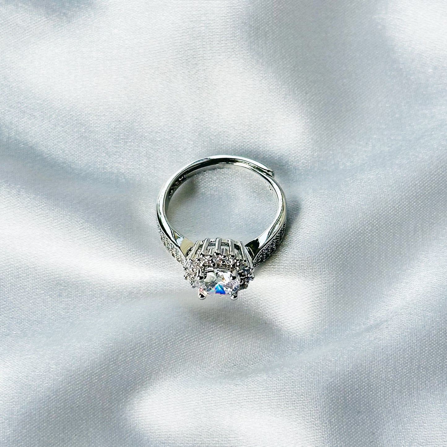 Solitaire Cubic Zircon American Diamond Silver Plated Adjustable Ring