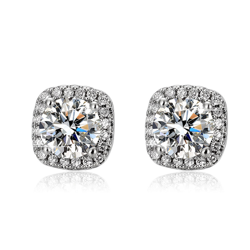 Solitaire Cubic Zircon Crushed Ice Cut Diamond Silver Plated Stud Earrings