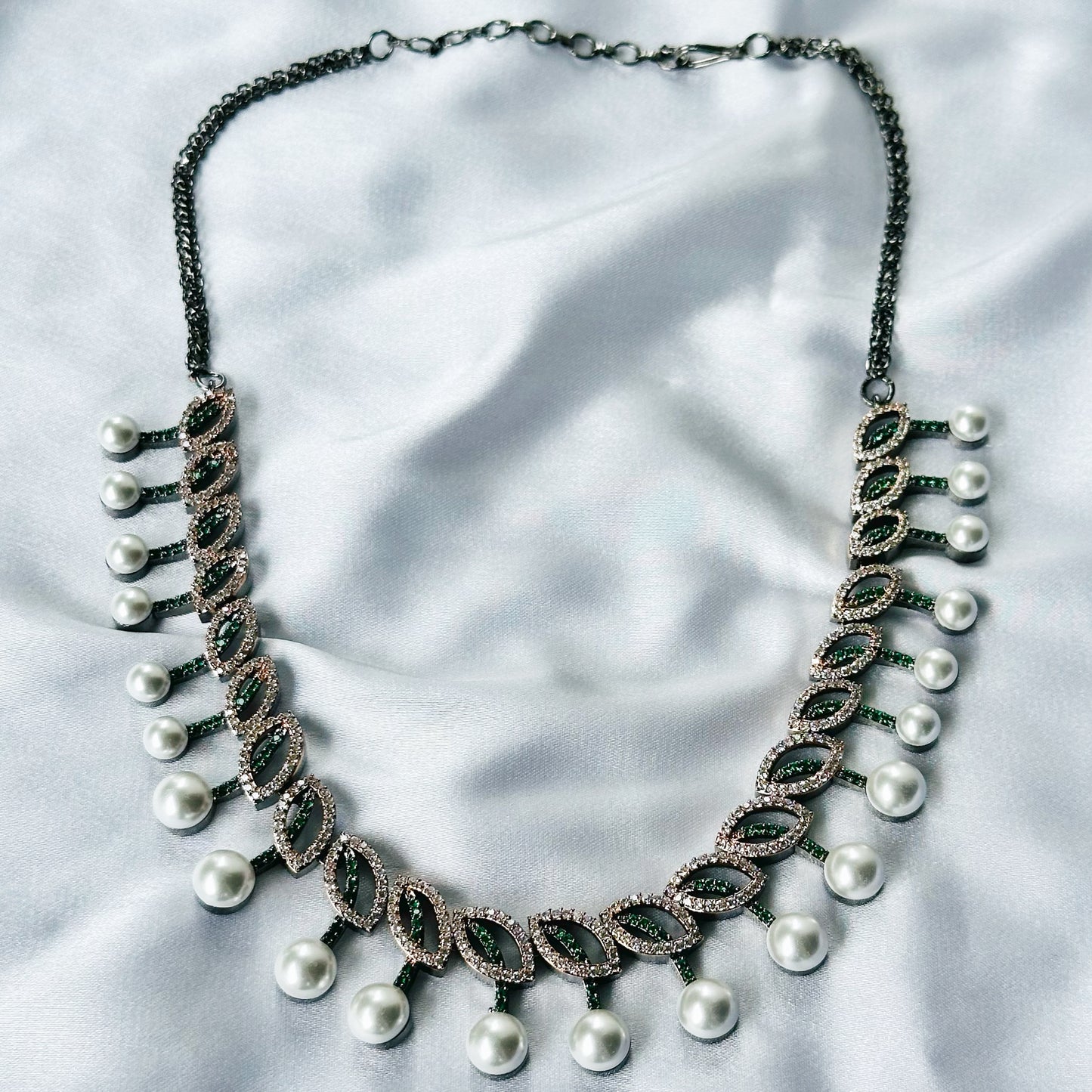 Green Emerald Cubic Zircon Stones American Diamond Victorian Plated Necklace Set