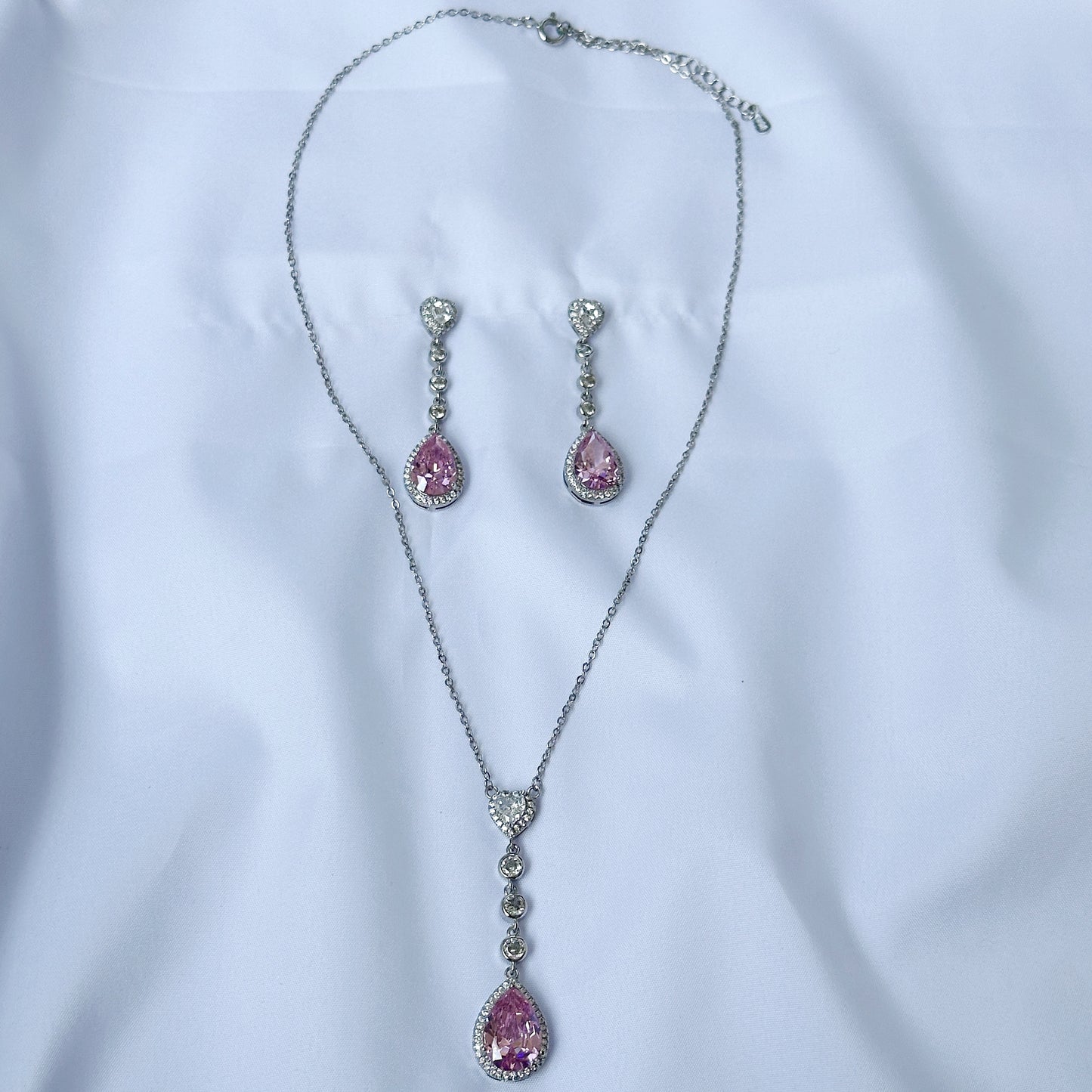 Pink Topaz Cubic Zircon American Diamond Silver Plated Pendant Set