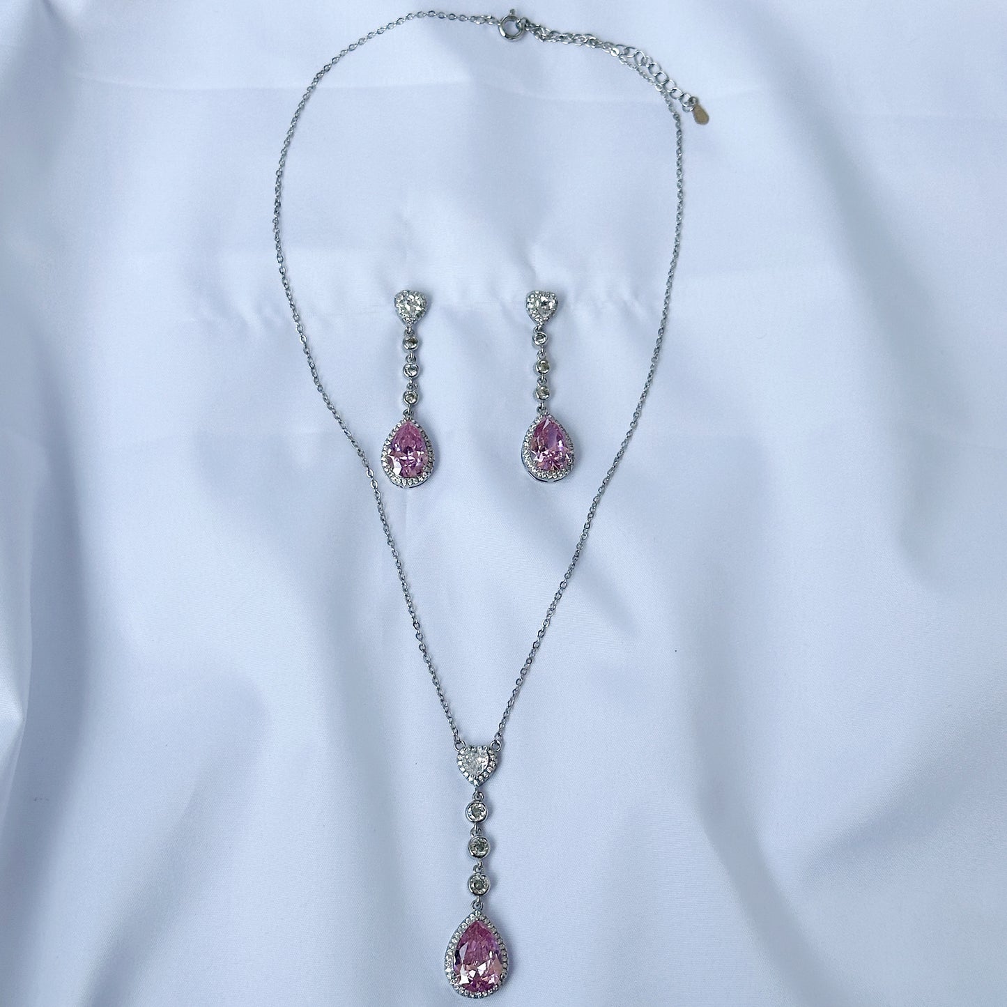 Pink Topaz Cubic Zircon American Diamond Silver Plated Pendant Set