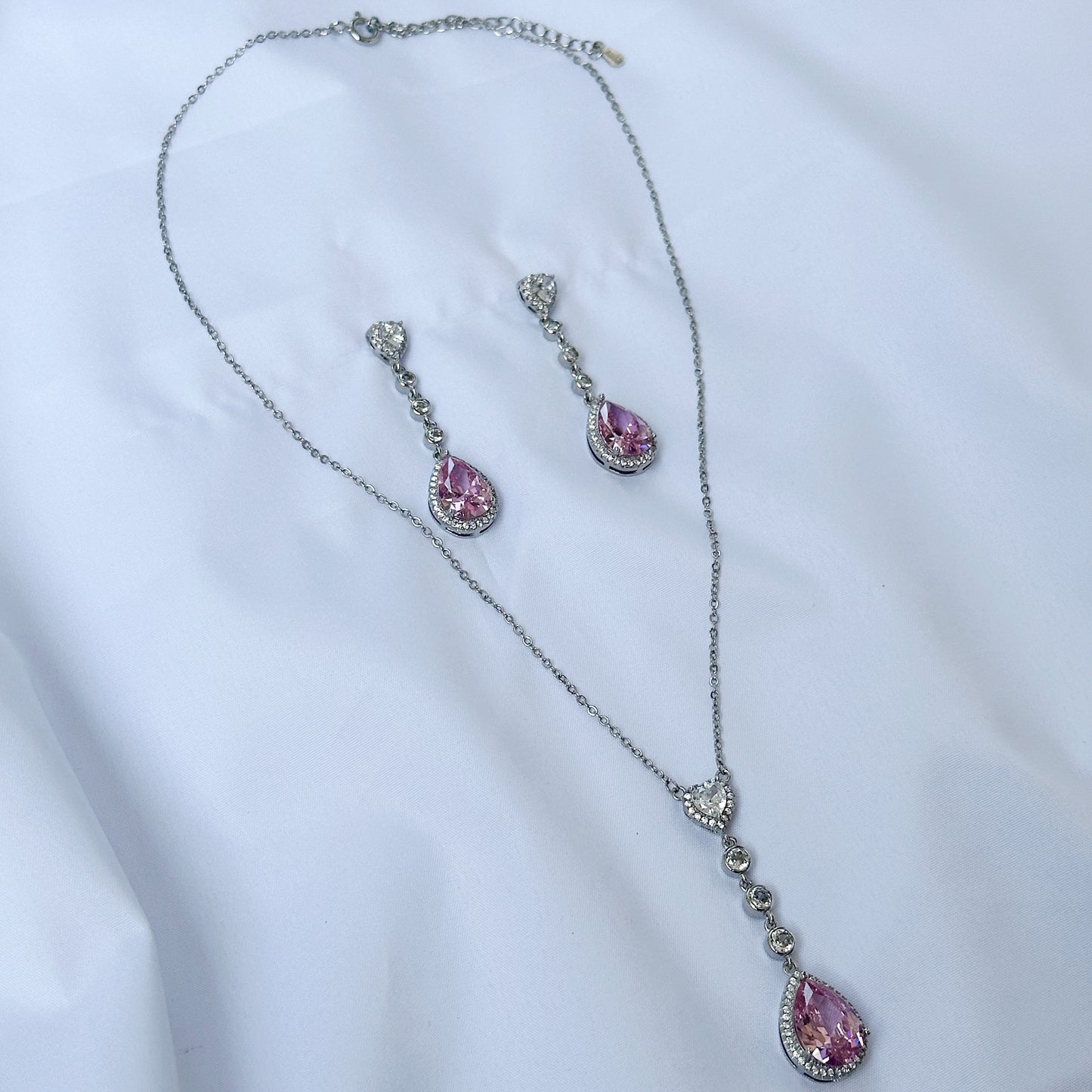 Pink Topaz Cubic Zircon American Diamond Silver Plated Pendant Set