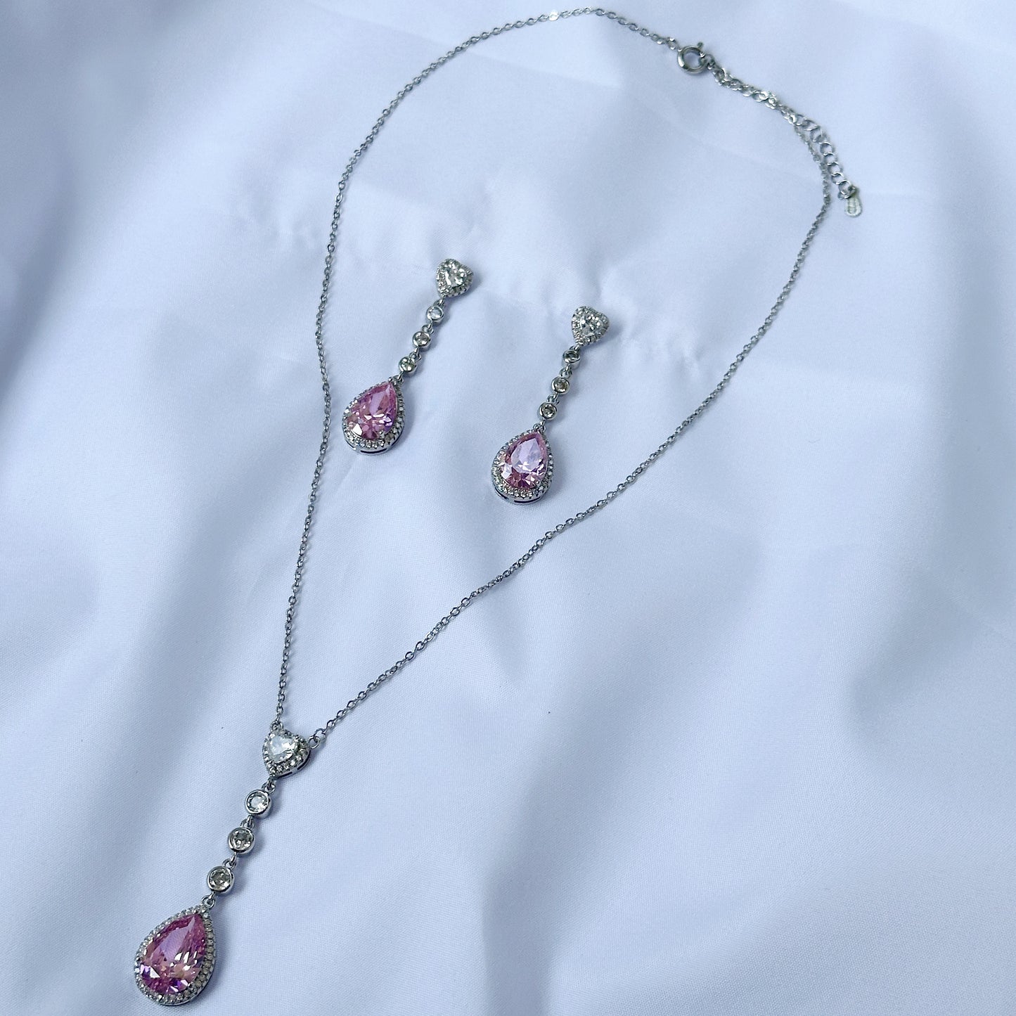 Pink Topaz Cubic Zircon American Diamond Silver Plated Pendant Set
