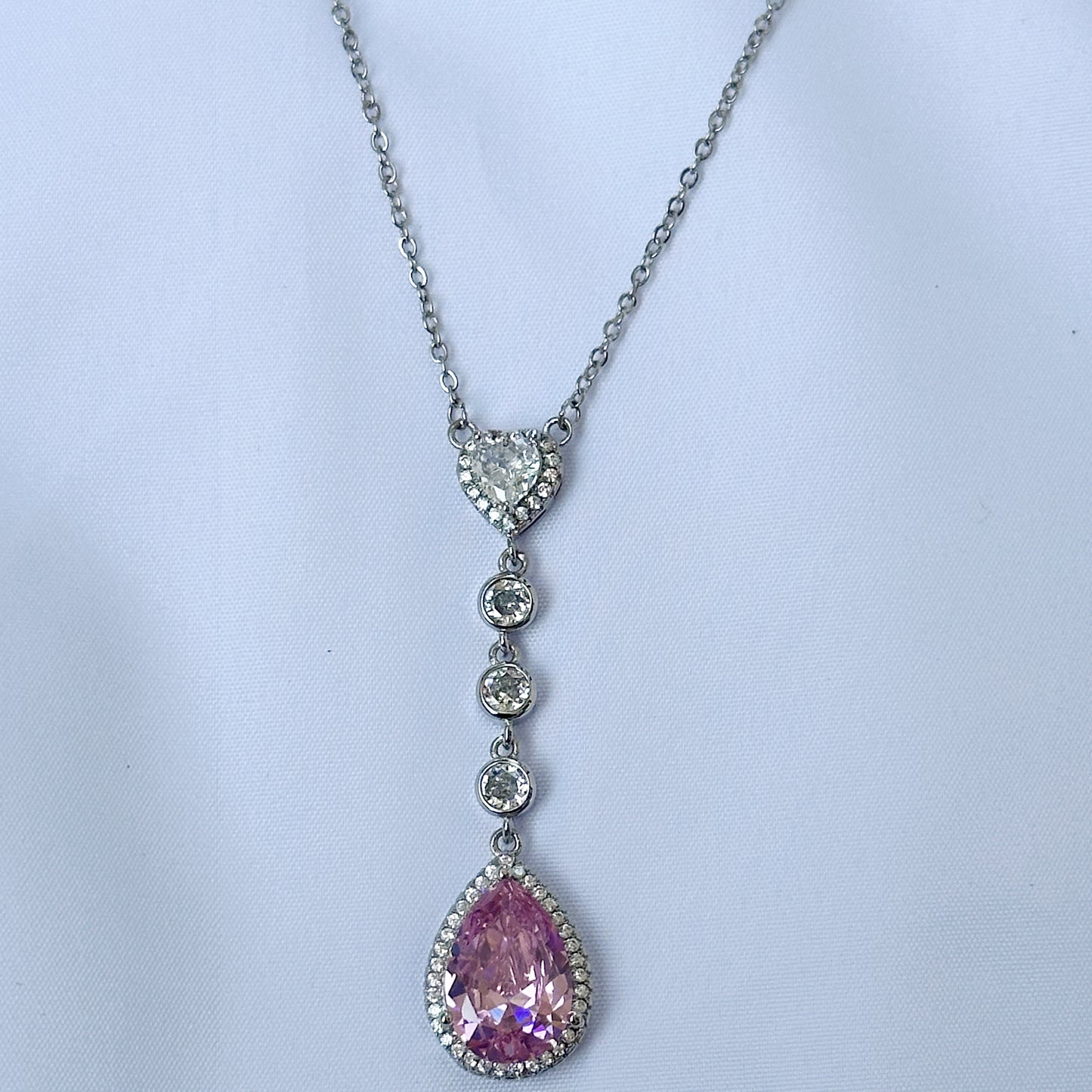 Pink Topaz Cubic Zircon American Diamond Silver Plated Pendant Set