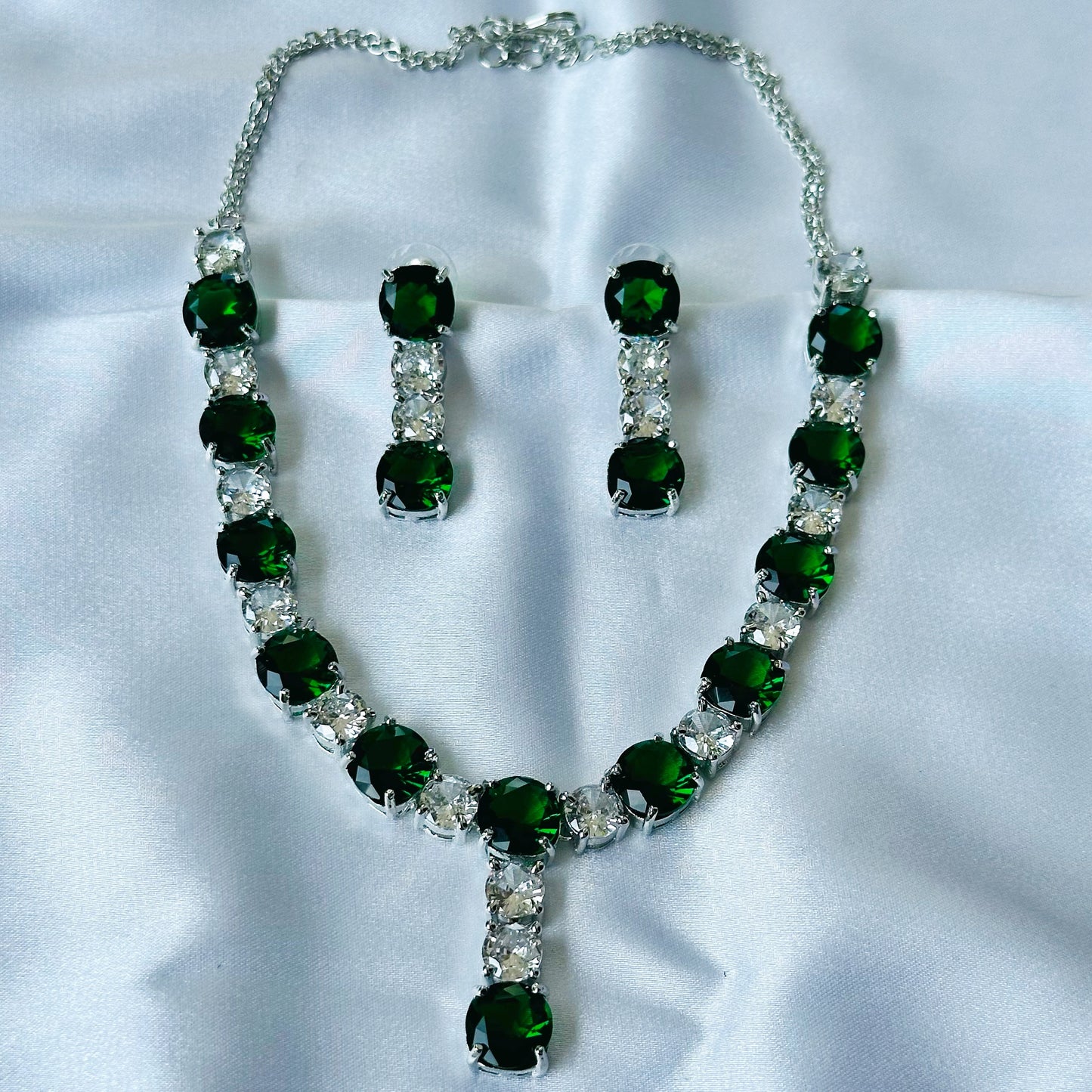 Green Emerald Cubic Zircon Stones American Diamond Silver Plated Necklace Set