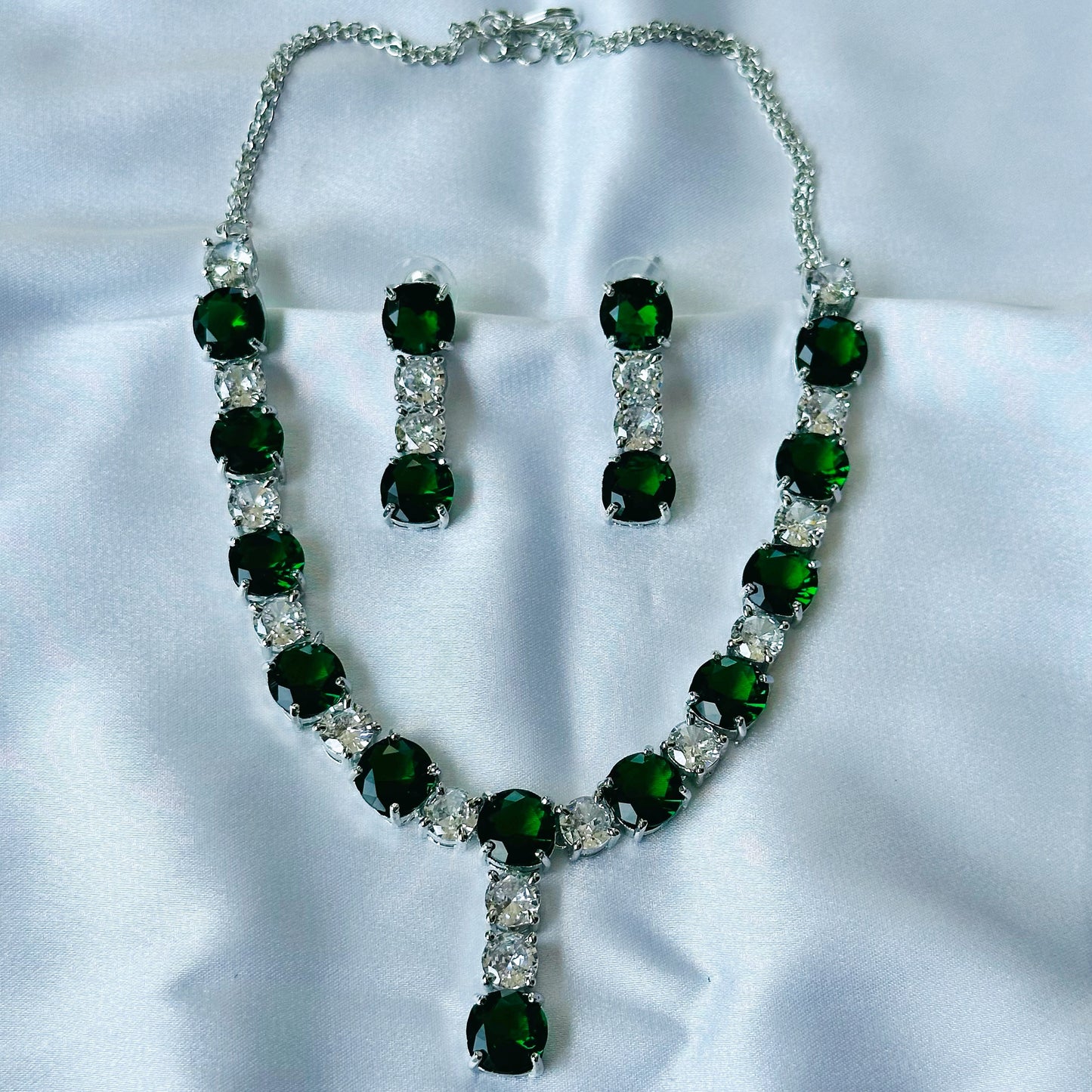 Green Emerald Cubic Zircon Stones American Diamond Silver Plated Necklace Set