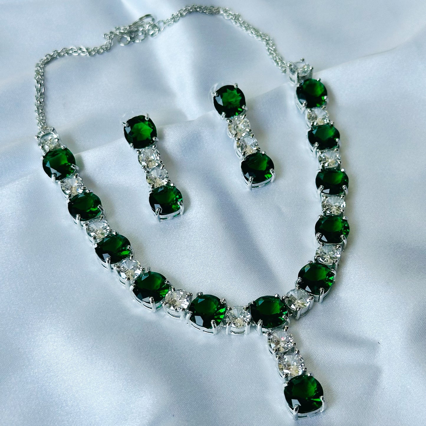 Green Emerald Cubic Zircon Stones American Diamond Silver Plated Necklace Set