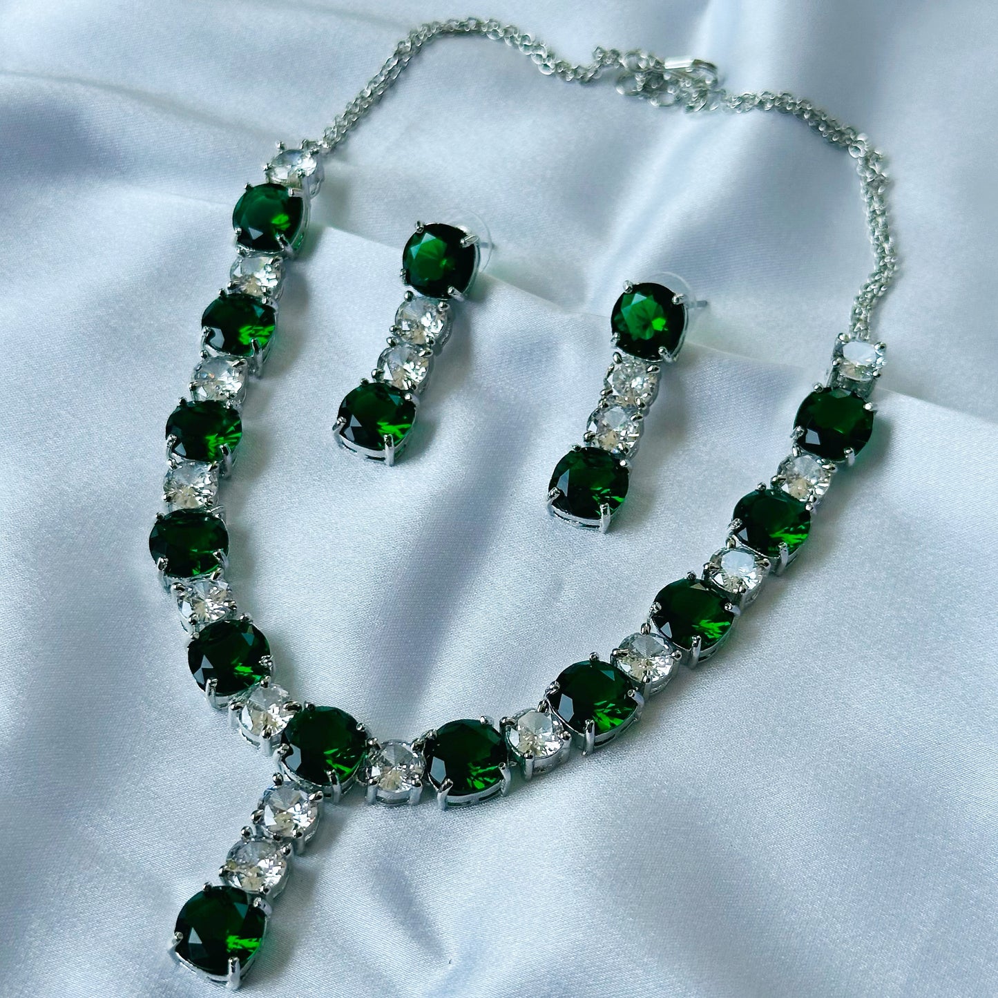 Green Emerald Cubic Zircon Stones American Diamond Silver Plated Necklace Set
