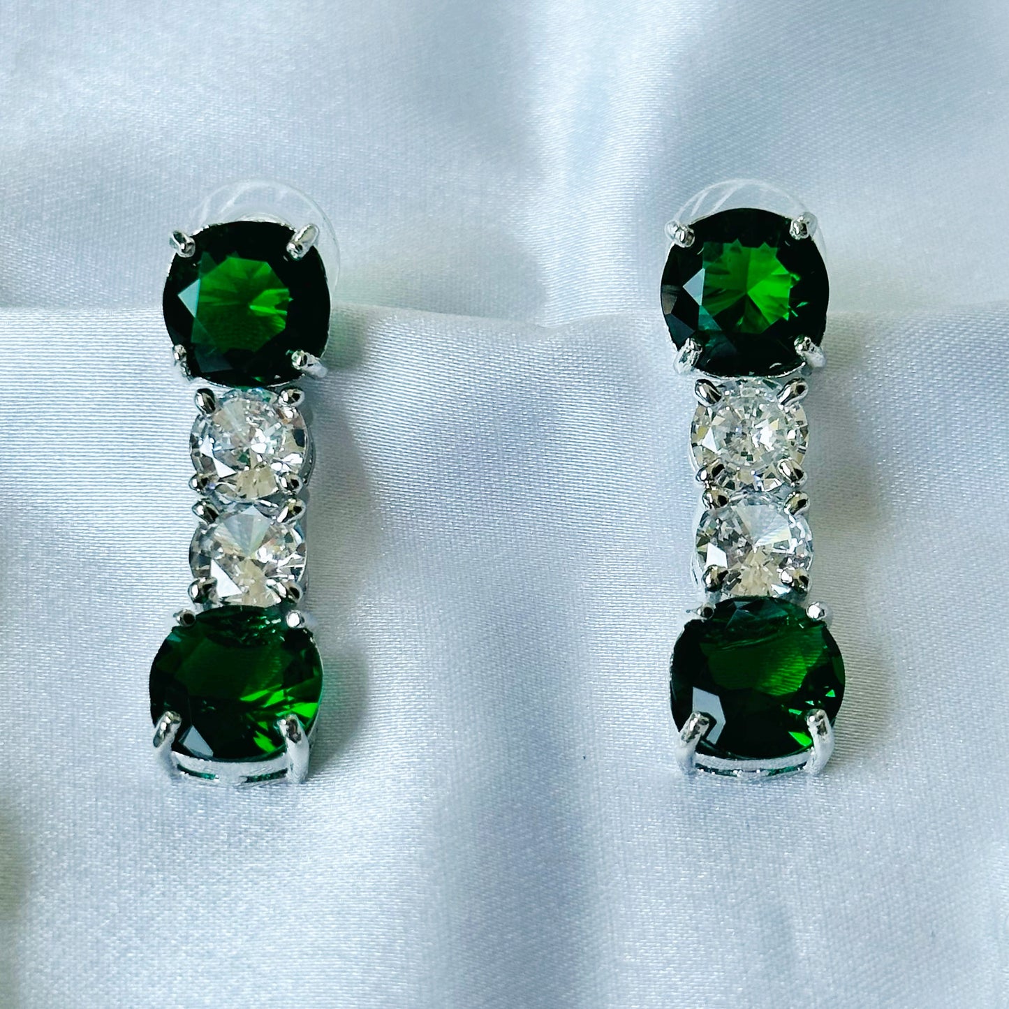 Green Emerald Cubic Zircon Stones American Diamond Silver Plated Necklace Set