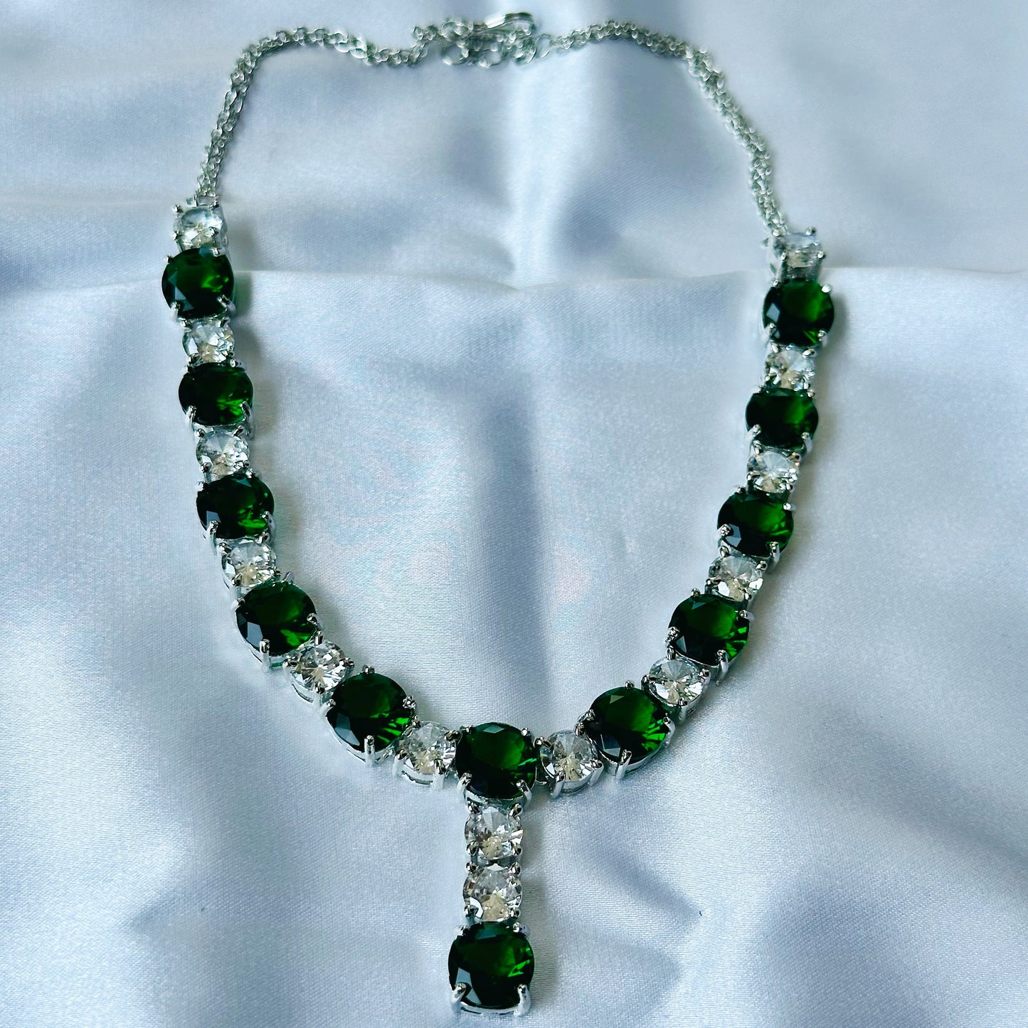 Green Emerald Cubic Zircon Stones American Diamond Silver Plated Necklace Set