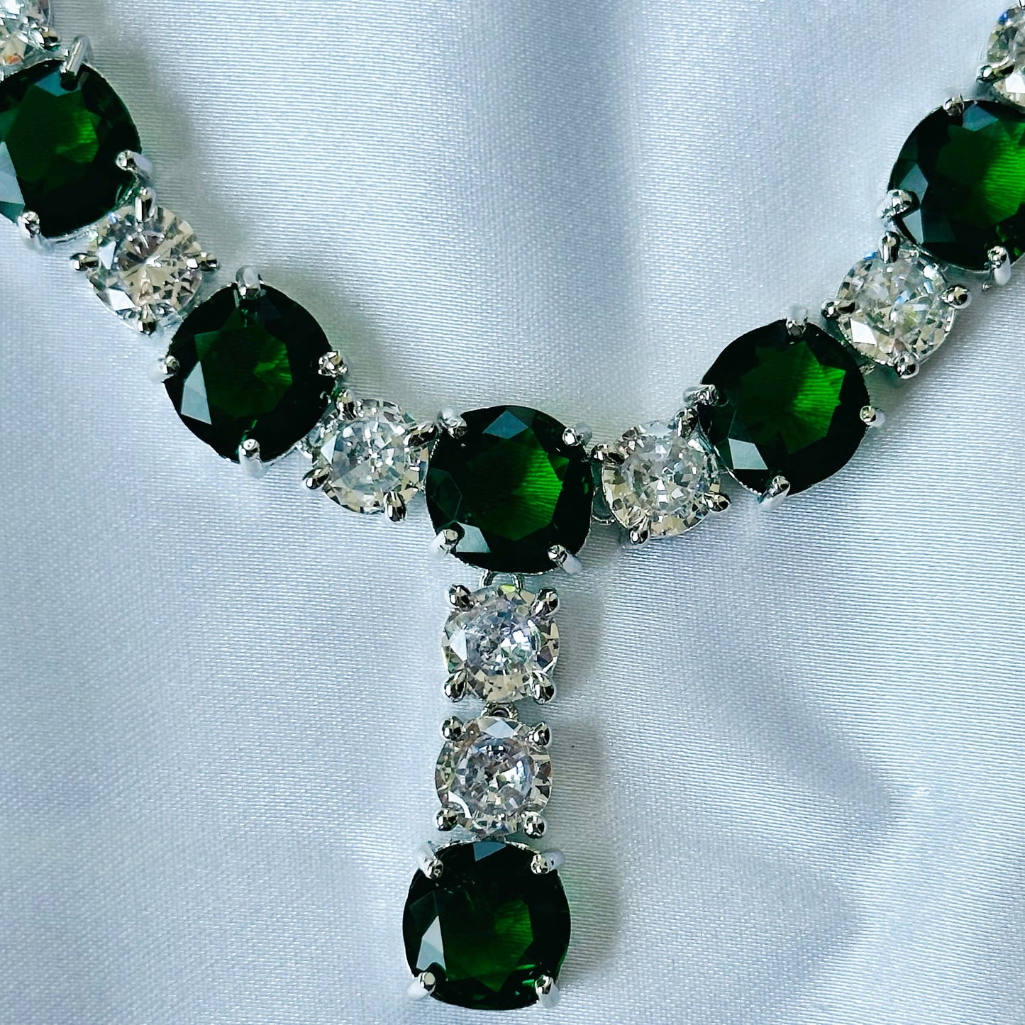 Green Emerald Cubic Zircon Stones American Diamond Silver Plated Necklace Set