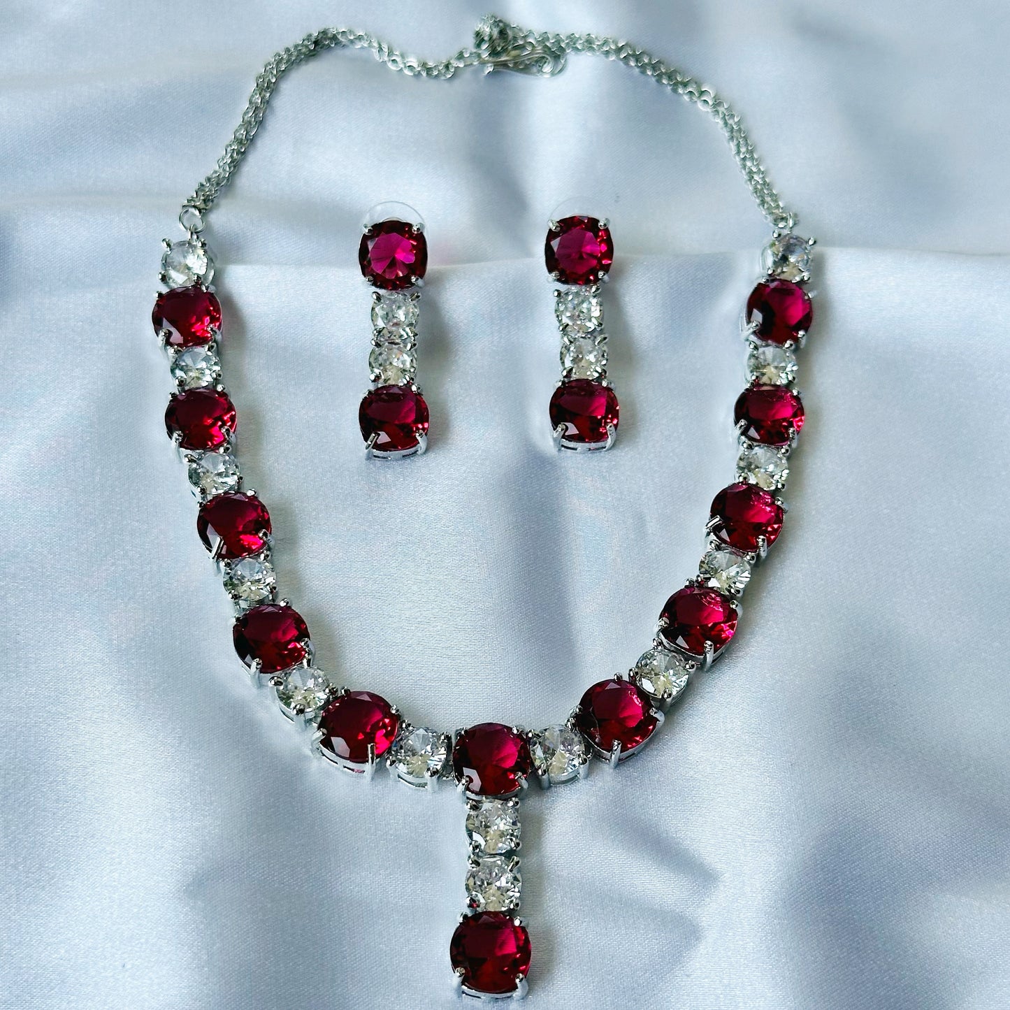 Red Ruby Cubic Zircon Stones American Diamond Silver Plated Necklace Set