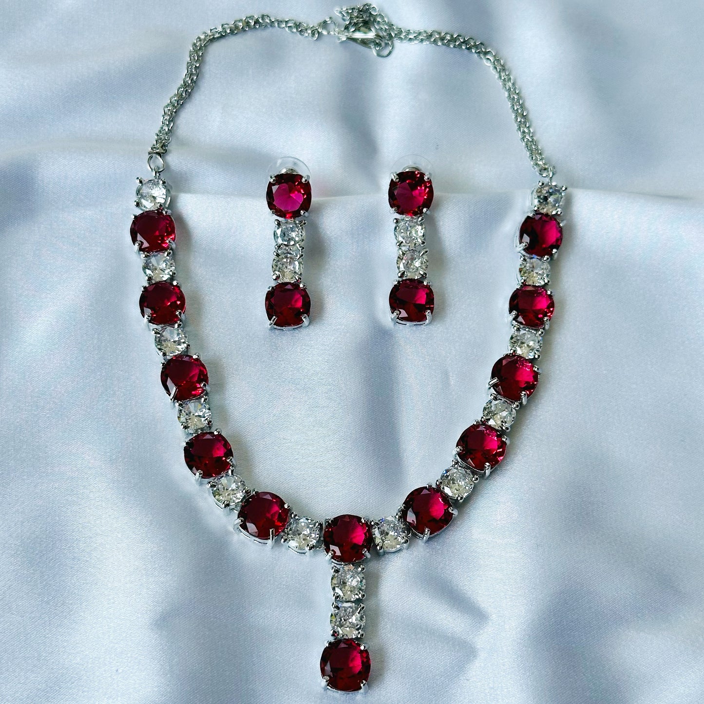 Red Ruby Cubic Zircon Stones American Diamond Silver Plated Necklace Set