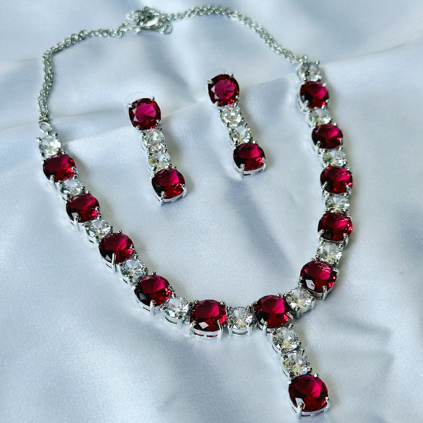 Red Ruby Cubic Zircon Stones American Diamond Silver Plated Necklace Set