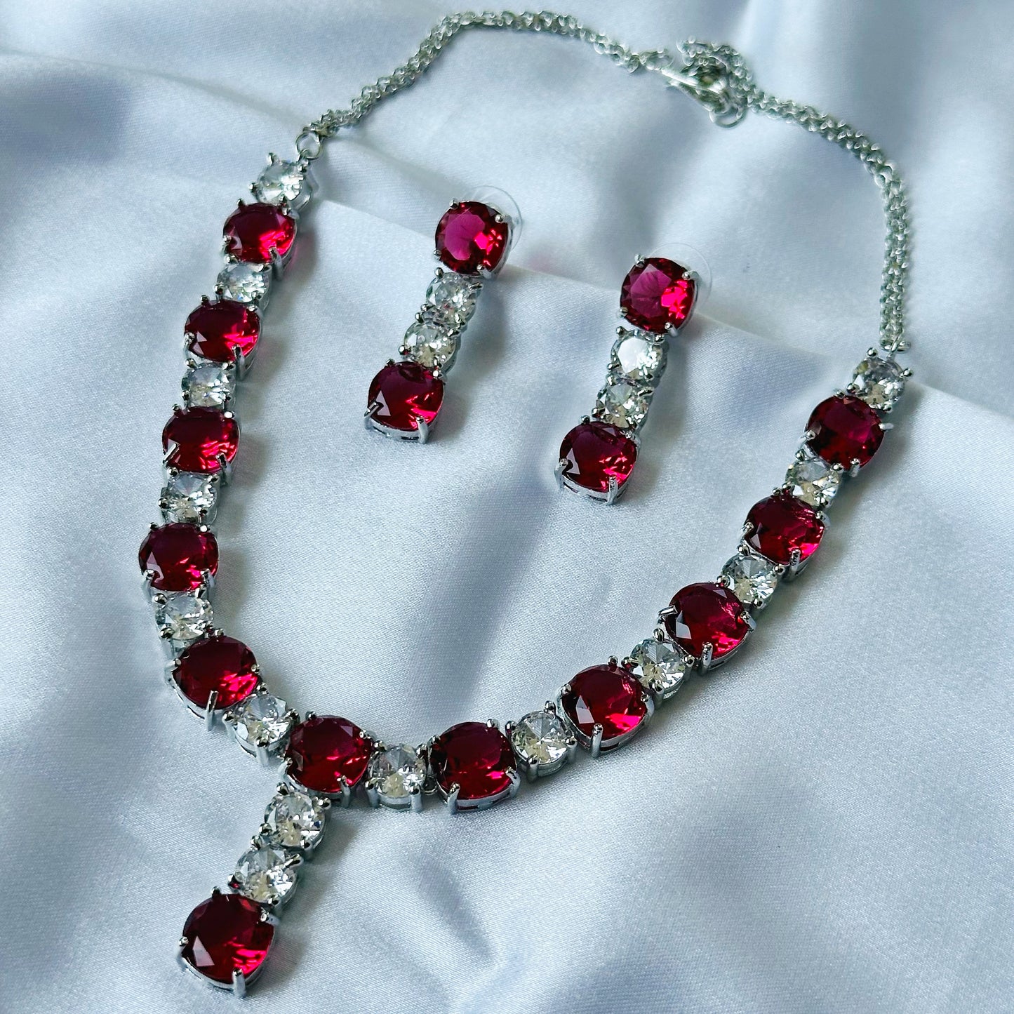 Red Ruby Cubic Zircon Stones American Diamond Silver Plated Necklace Set